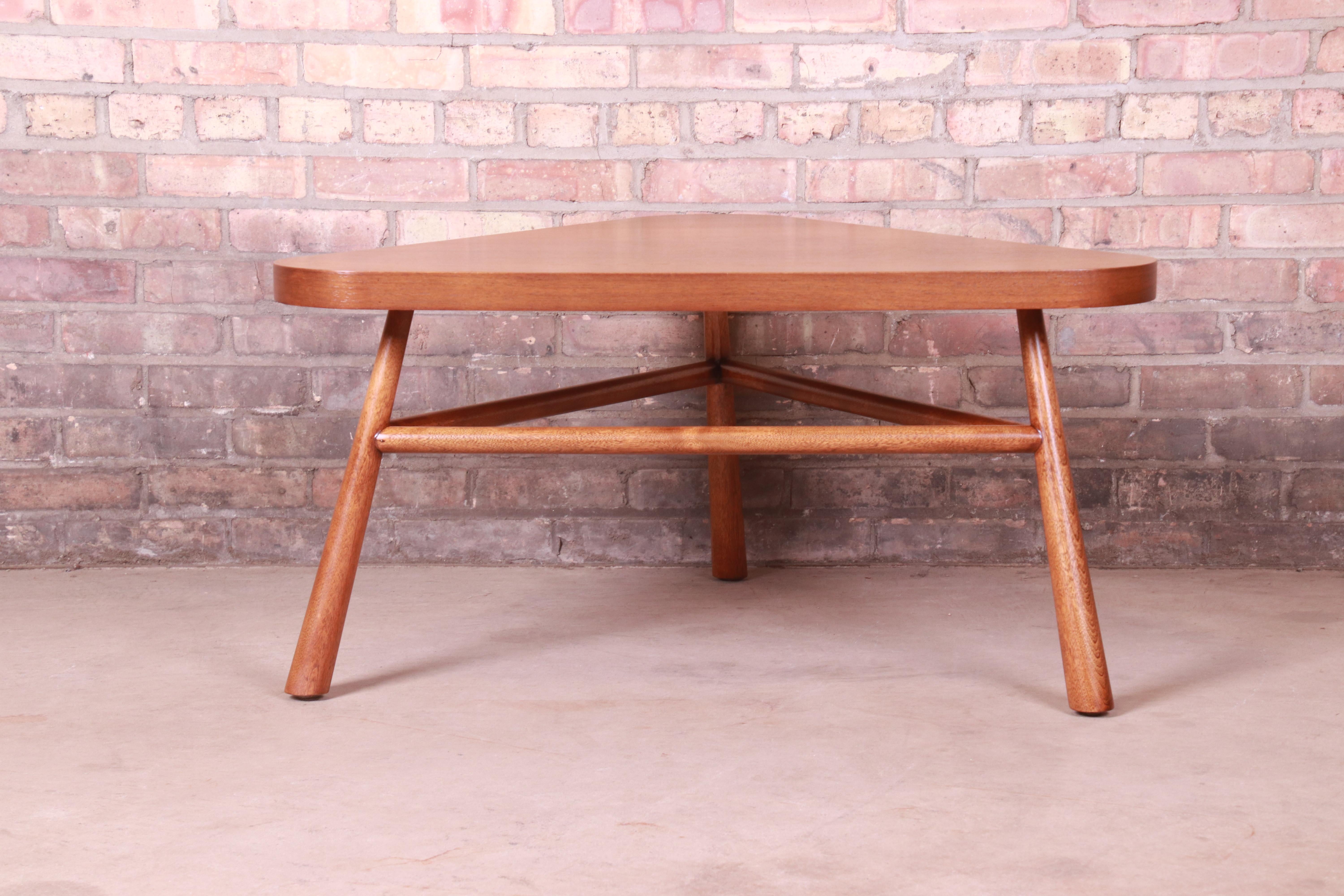 Robsjohn-Gibbings for Widdicomb Walnut Triangular Coffee Table, Newly Refinished For Sale 5