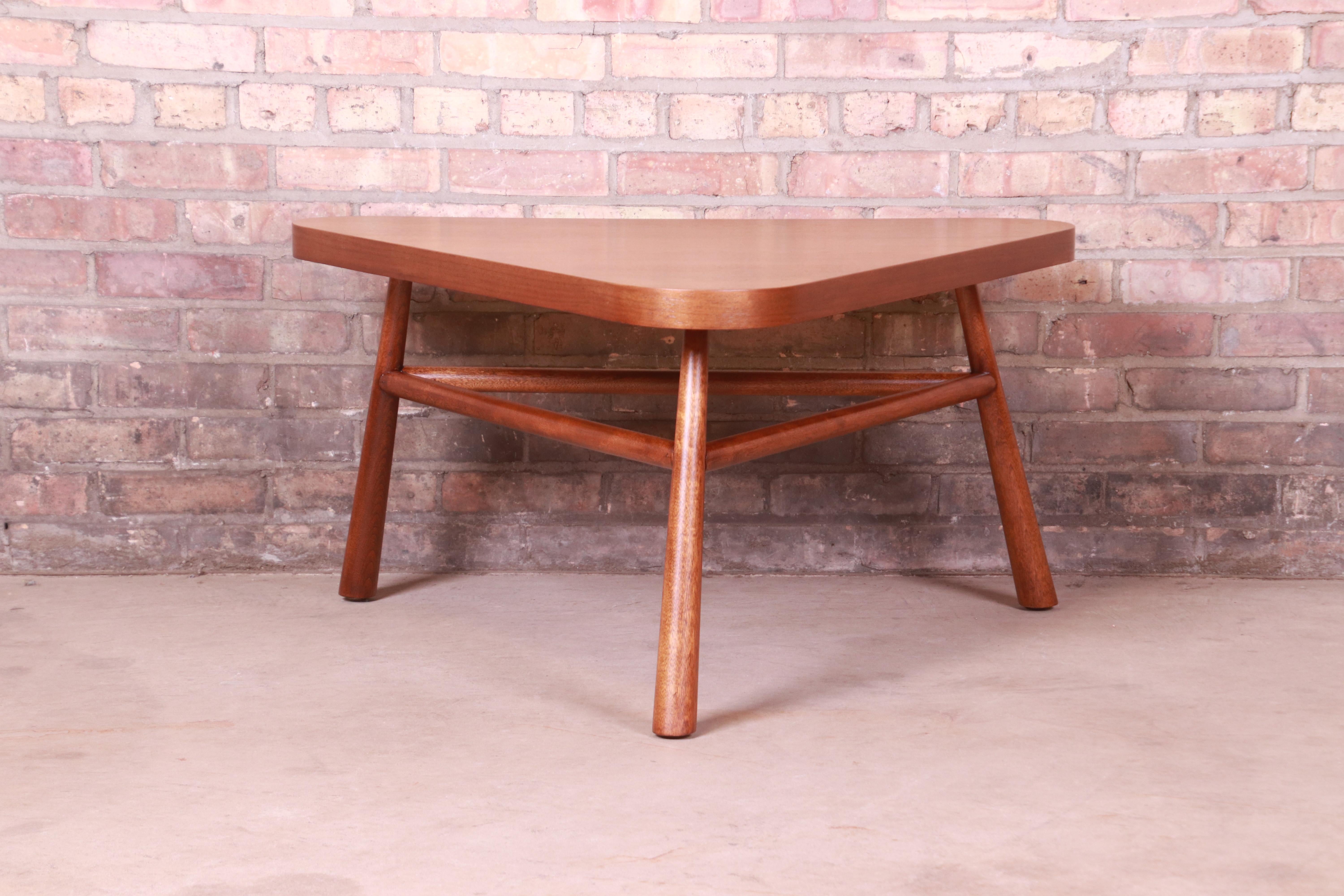Mid-Century Modern Robsjohn-Gibbings for Widdicomb Walnut Triangular Coffee Table, Newly Refinished For Sale