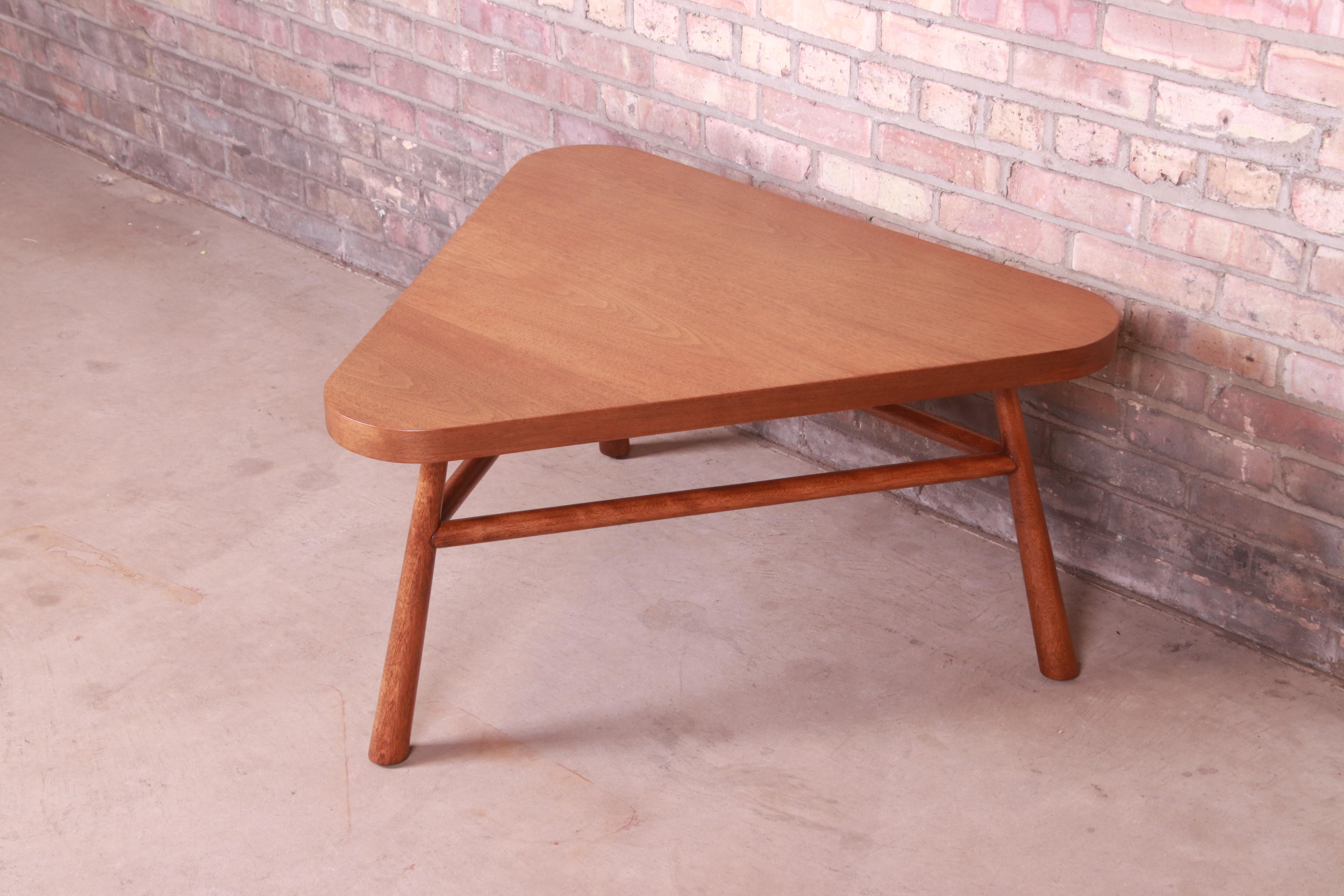 American Robsjohn-Gibbings for Widdicomb Walnut Triangular Coffee Table, Newly Refinished For Sale