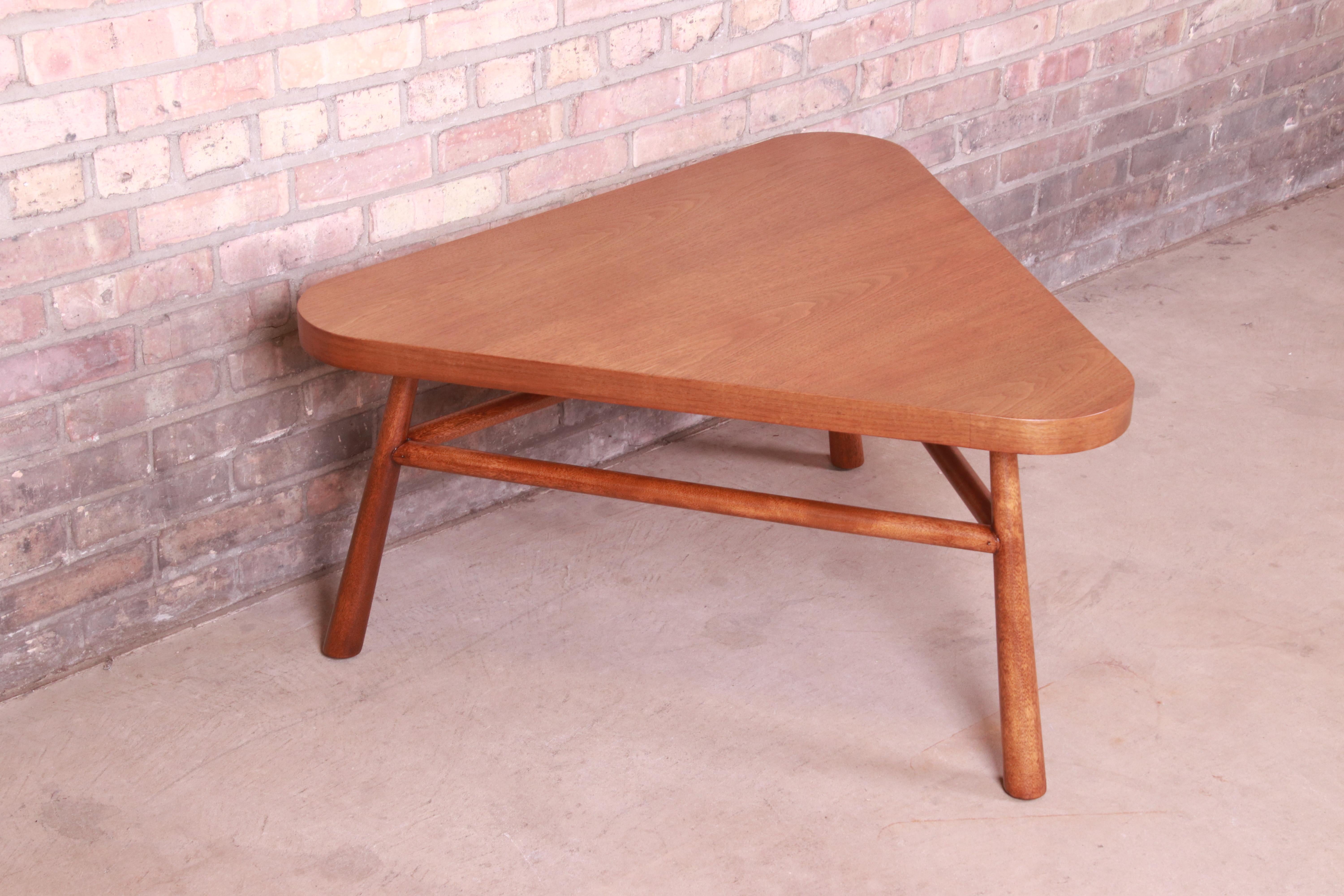 Mid-20th Century Robsjohn-Gibbings for Widdicomb Walnut Triangular Coffee Table, Newly Refinished For Sale