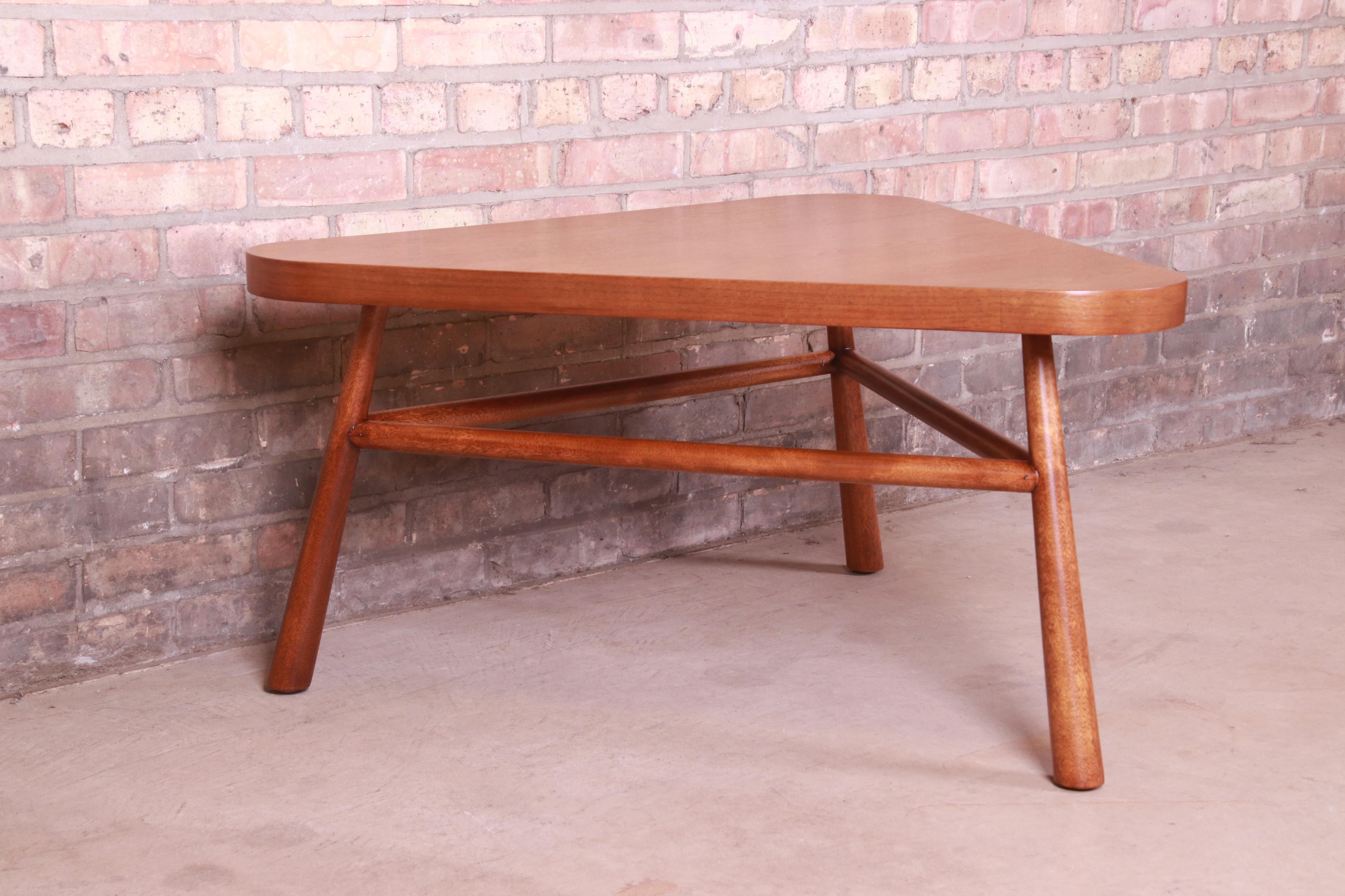 Robsjohn-Gibbings for Widdicomb Walnut Triangular Coffee Table, Newly Refinished For Sale 1