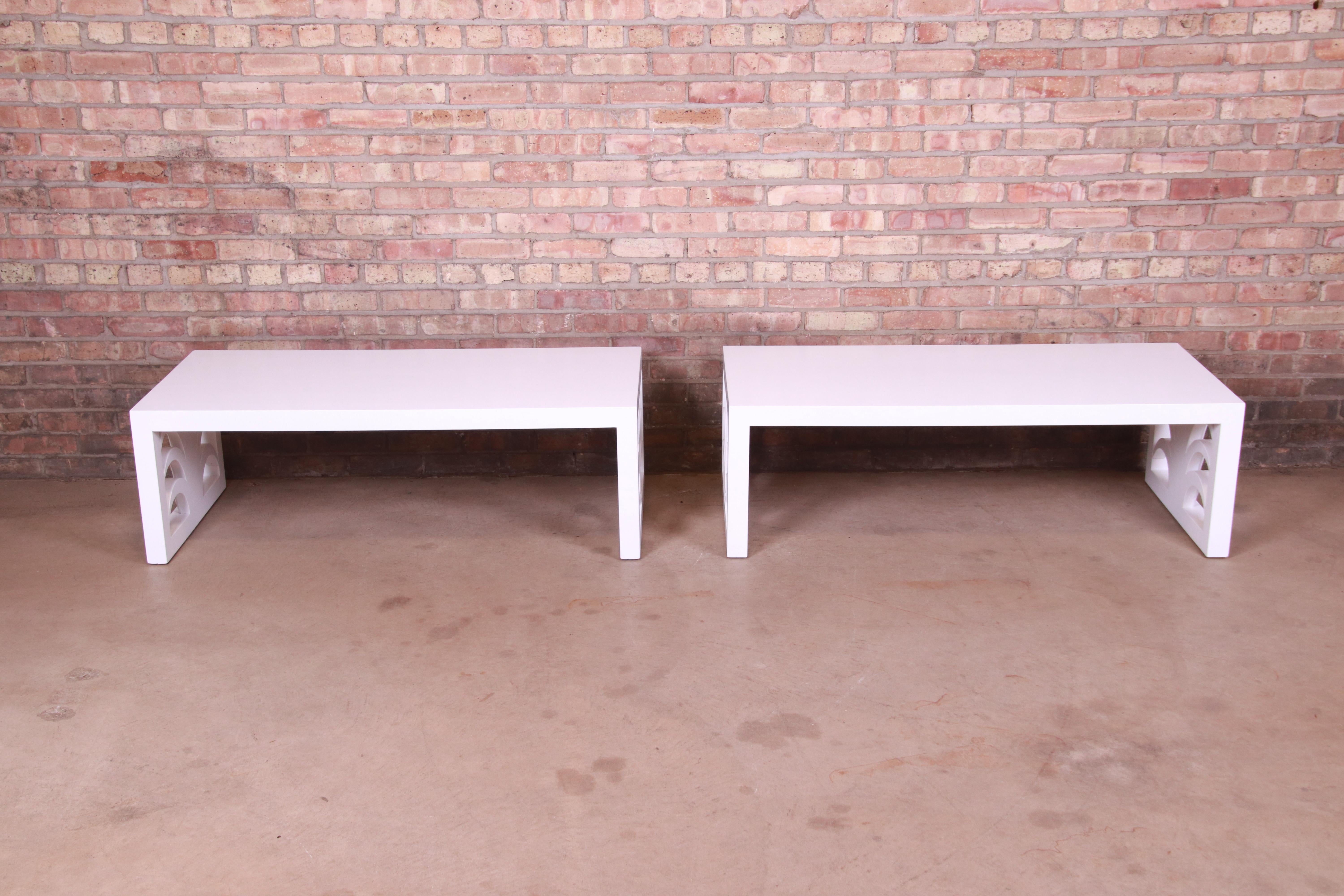 Mid-Century Modern Robsjohn-Gibbings for Widdicomb White Lacquered Palm Leaf Coffee Tables, Pair