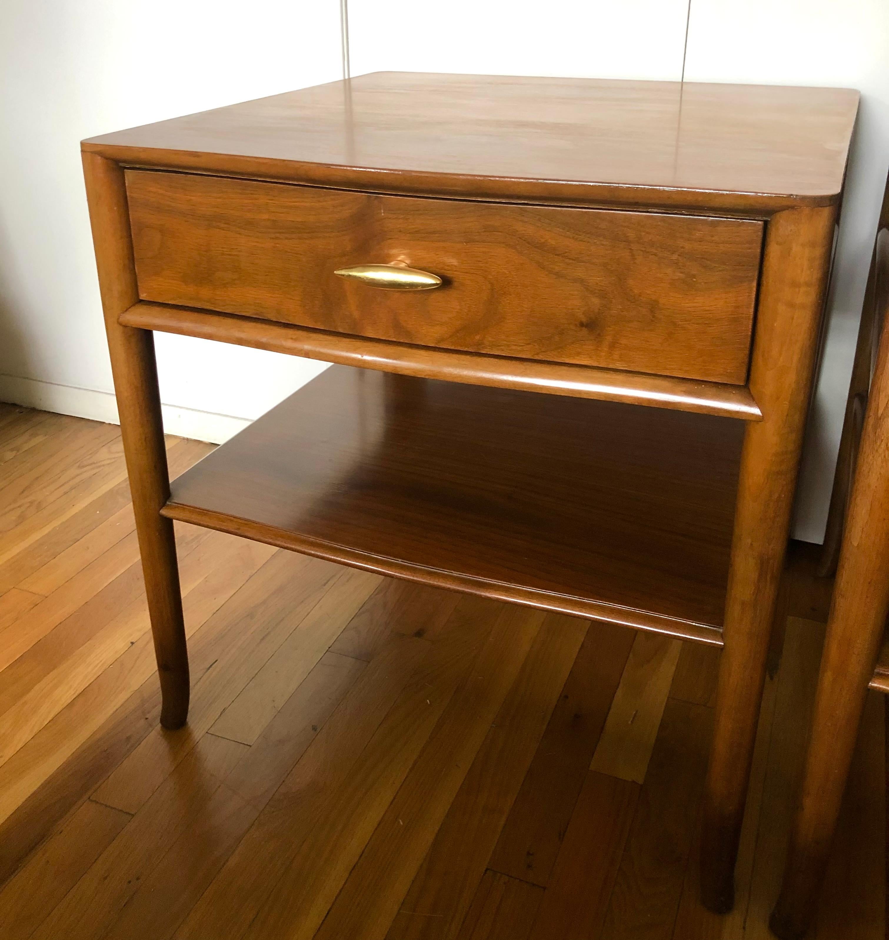 American Robsjohn-Gibbings Walnut Side Tables w/ Gilt Porcelain Pulls