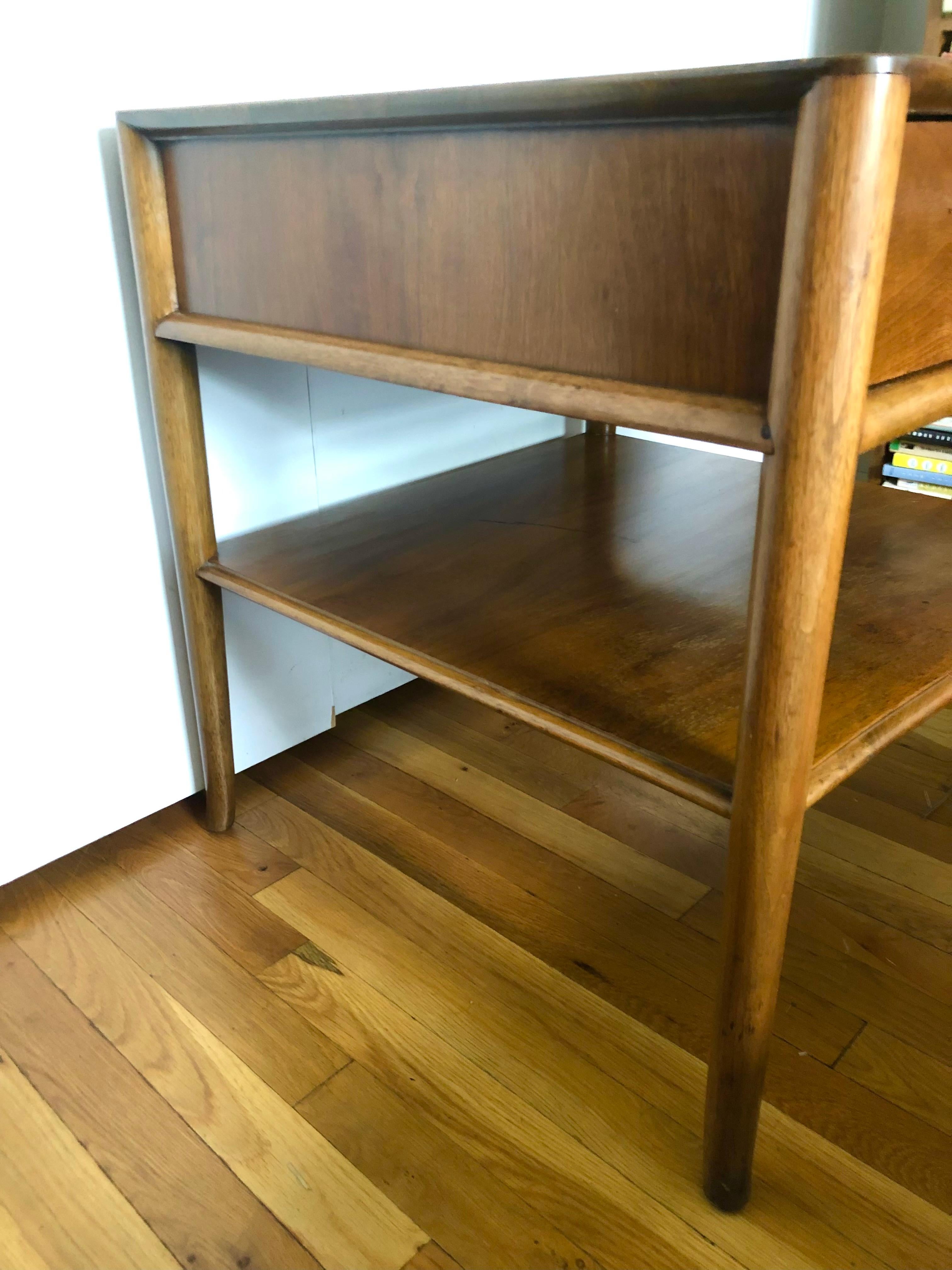 Mid-20th Century Robsjohn-Gibbings Walnut Side Tables w/ Gilt Porcelain Pulls