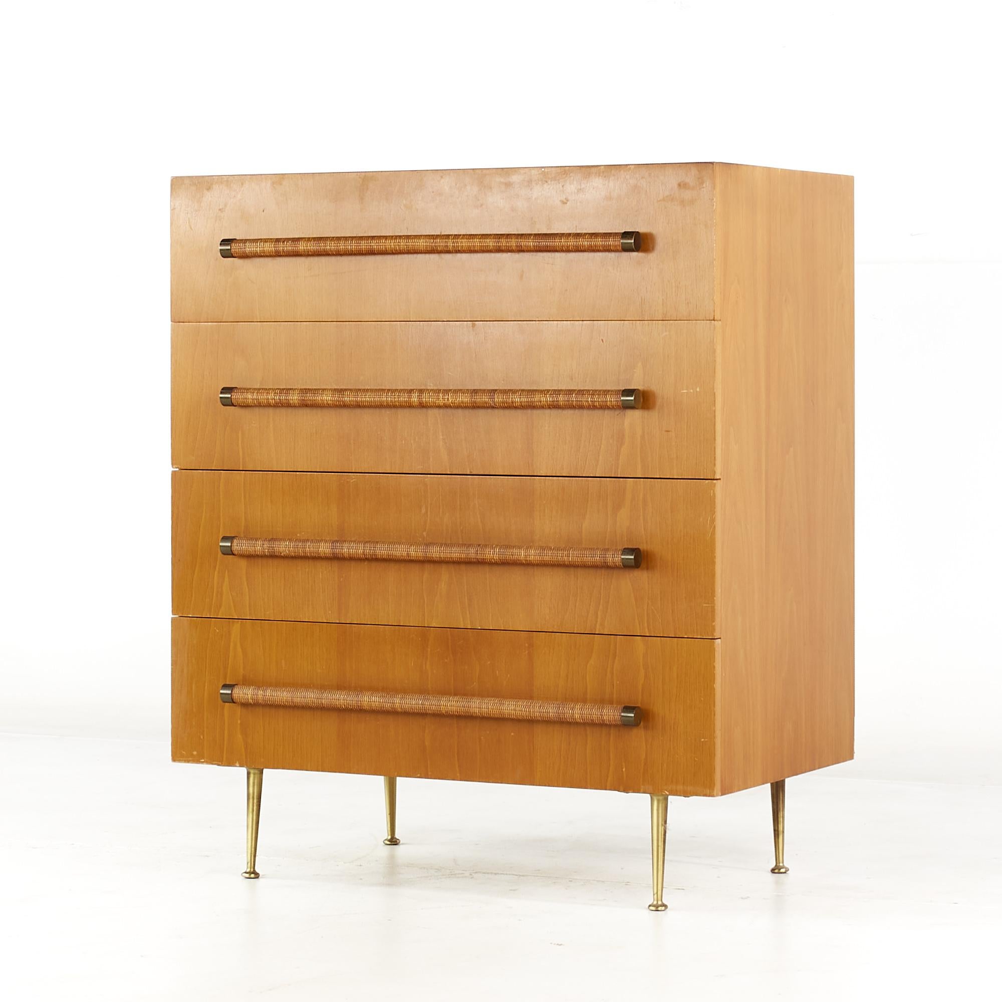 Mid-Century Modern Robsjohn Gibbings Widdicomb MCM 4 Drawer Walnut Cane and Brass Highboy Dresser For Sale