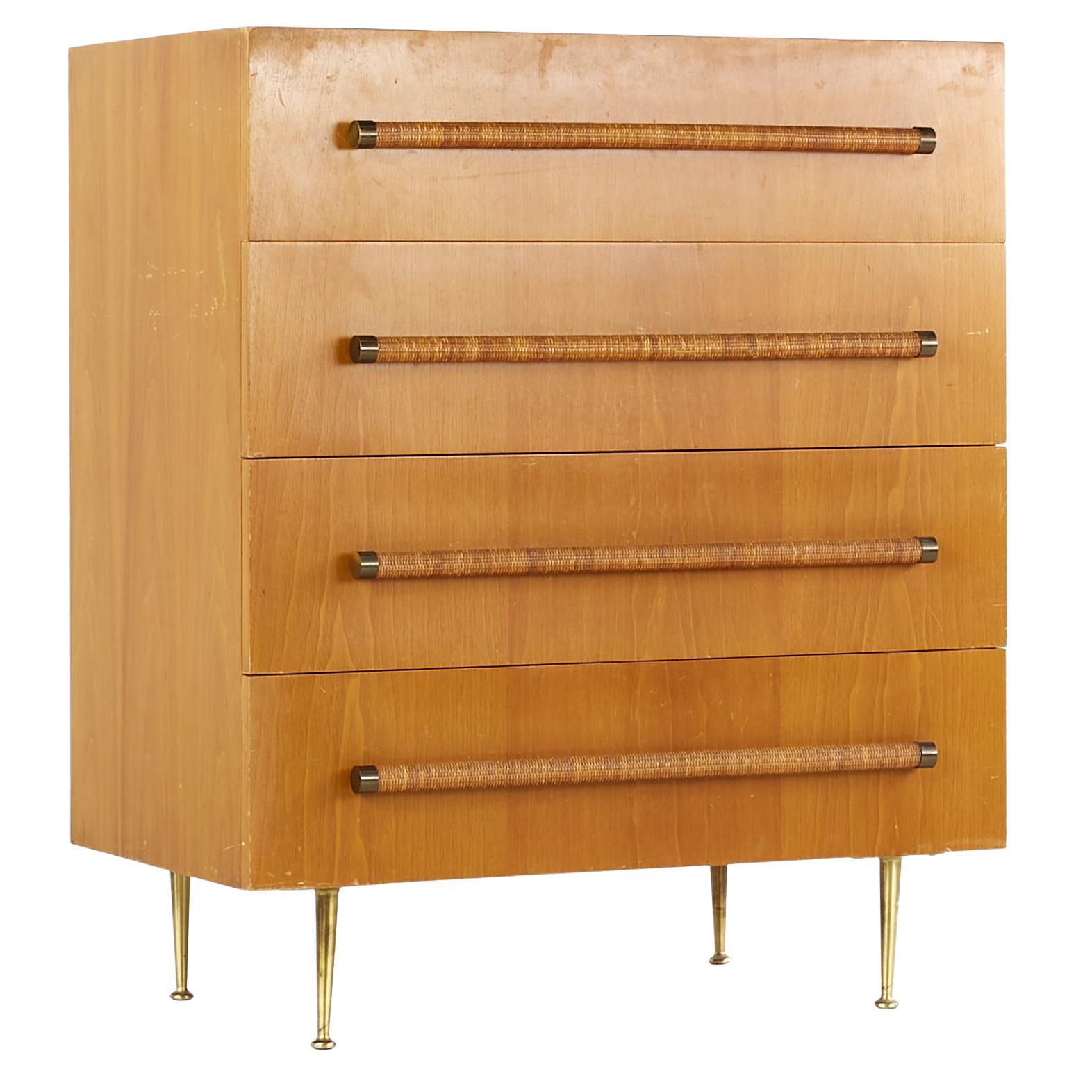 Robsjohn Gibbings Widdicomb MCM 4 Drawer Walnut Cane and Brass Highboy Dresser For Sale