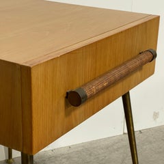 Robsjohn Gibbings Widdicomb Nightstand Side Table with Raffia Cane Covered Pull