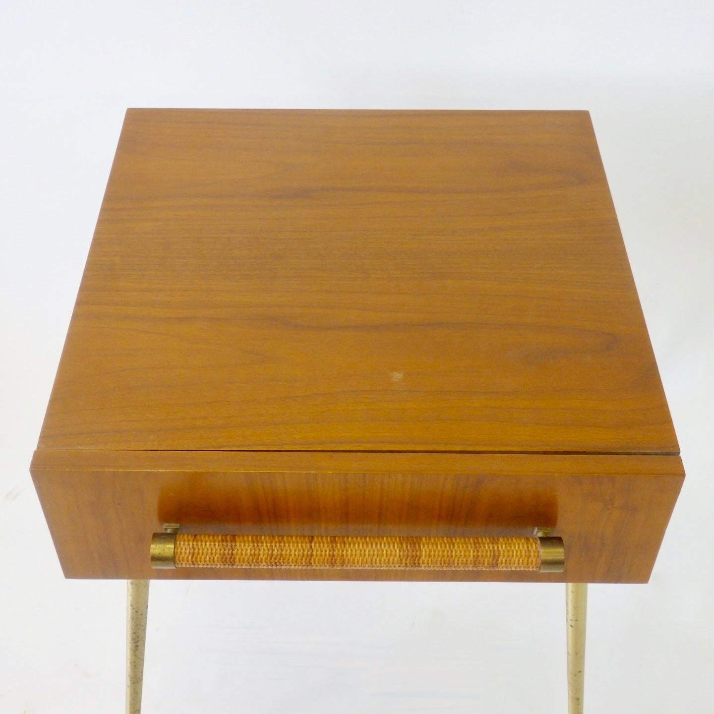 Mid-Century Modern Robsjohn Gibbings Widdicomb Nightstand Side Table with Raffia Cane Covered Pull