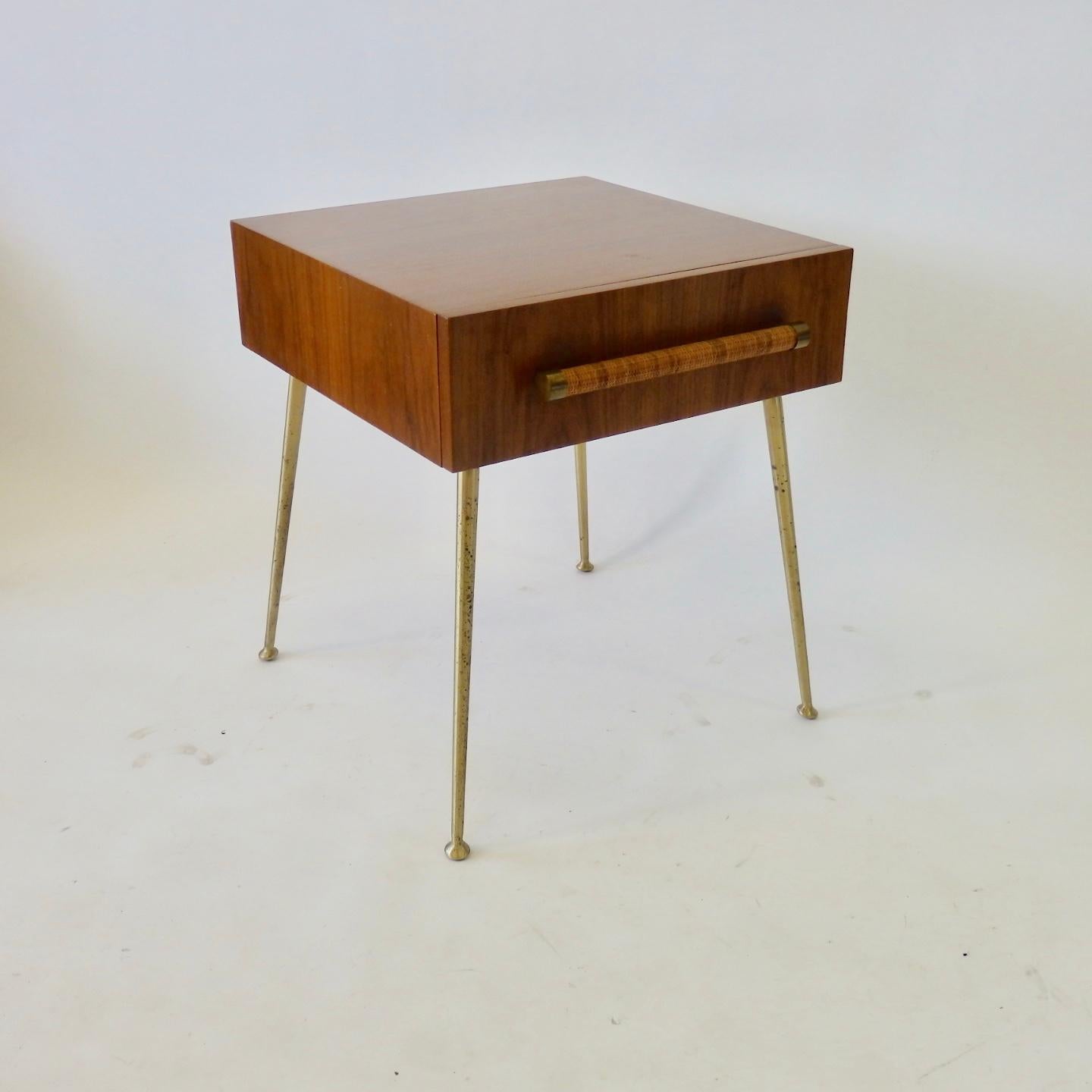 20th Century Robsjohn Gibbings Widdicomb Nightstand Side Table with Raffia Cane Covered Pull