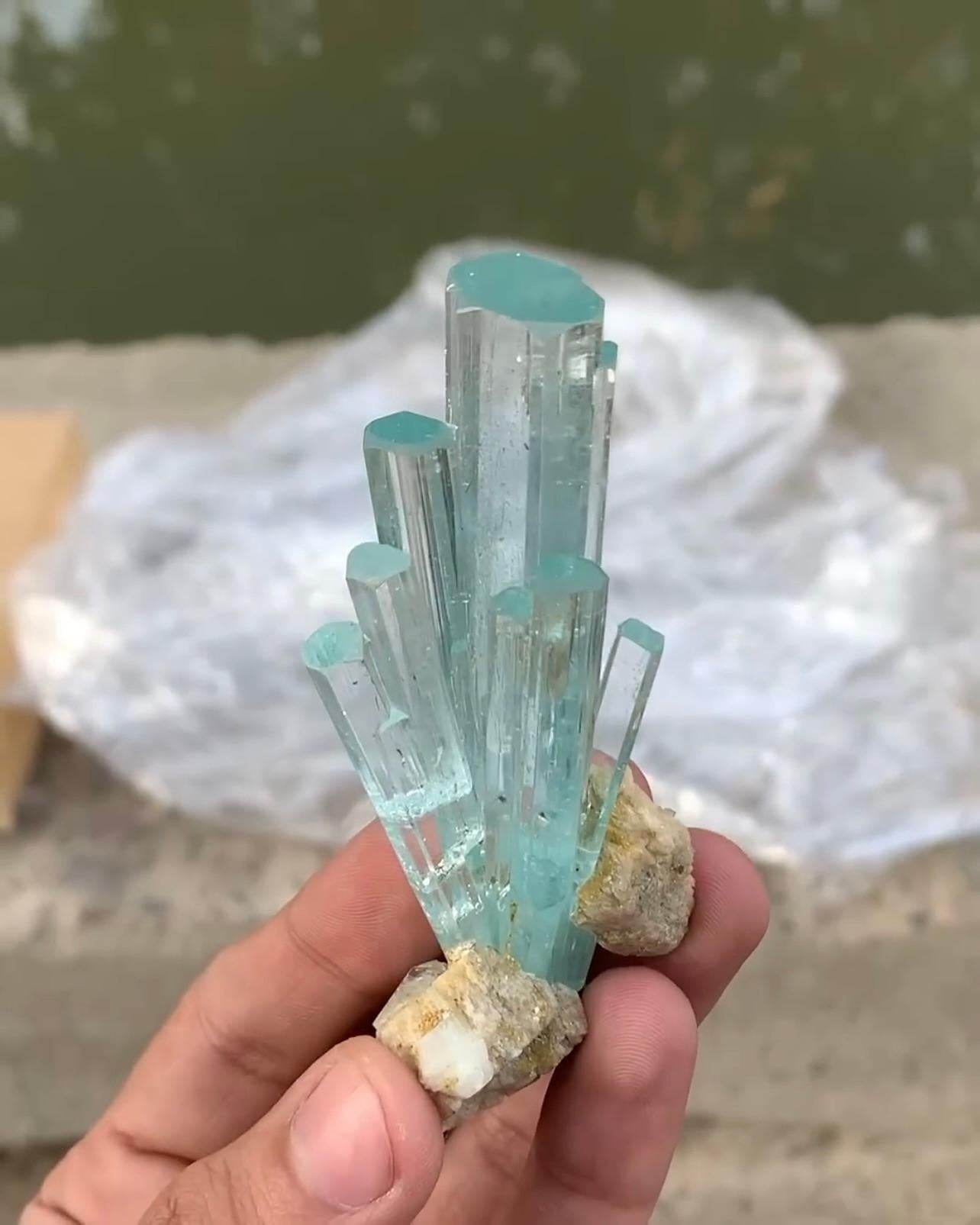 Poudrier d'aigue-marine et cristaux sur matrice Albite du Pakistan en vente 3