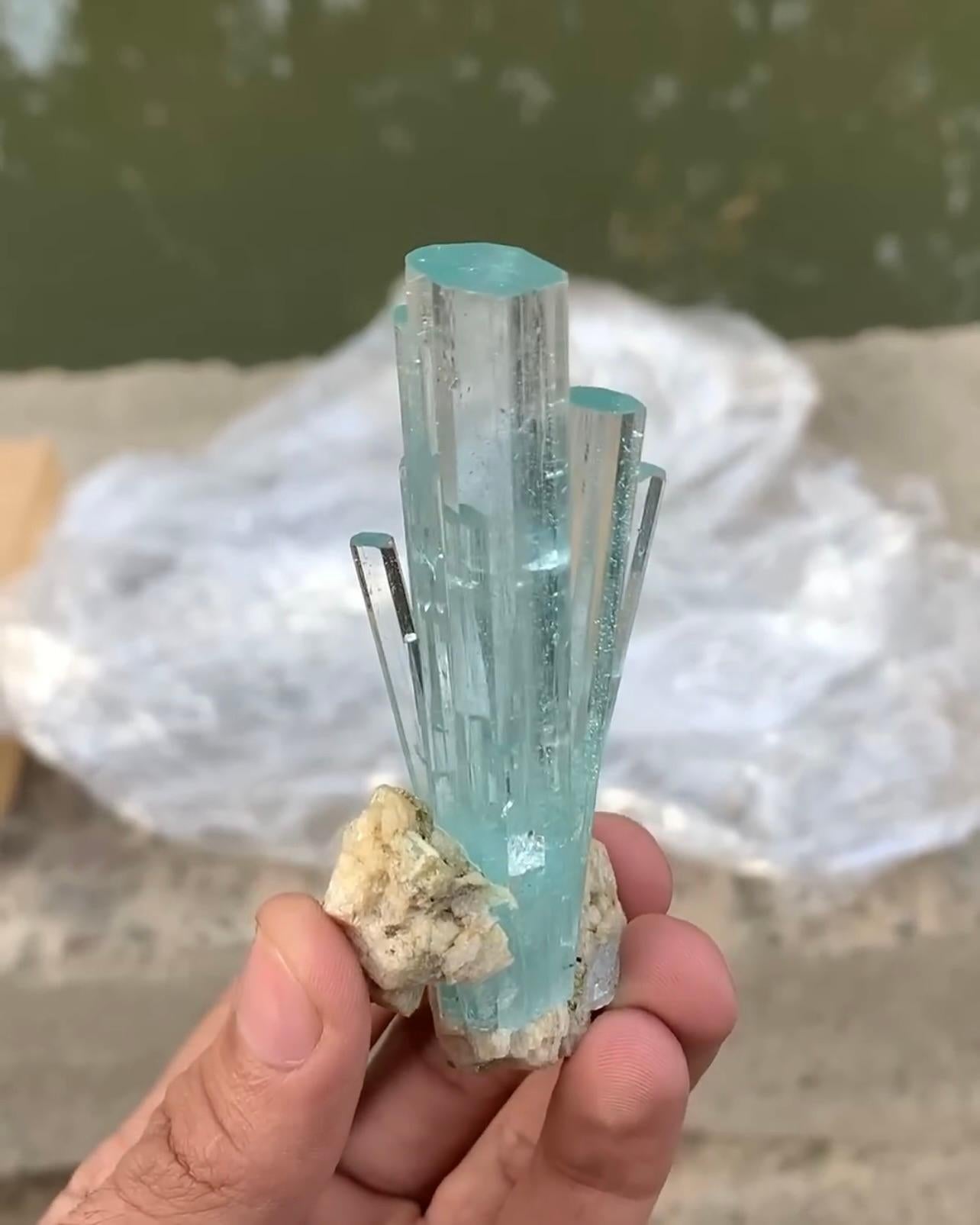 Pakistanais Poudrier d'aigue-marine et cristaux sur matrice Albite du Pakistan en vente