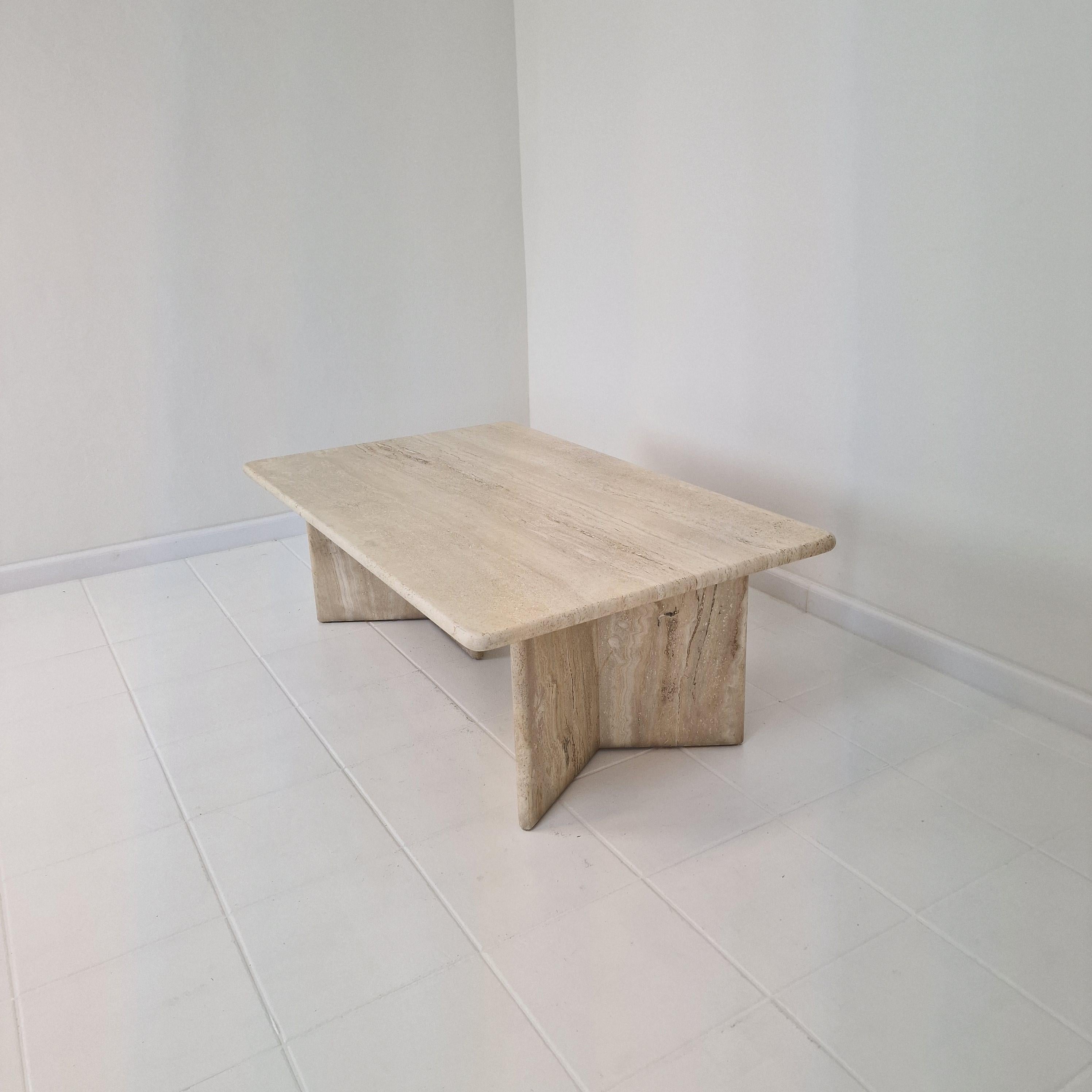 Robust Italian Travertine Coffee Table With two 3-leg Feet, 1980s 4