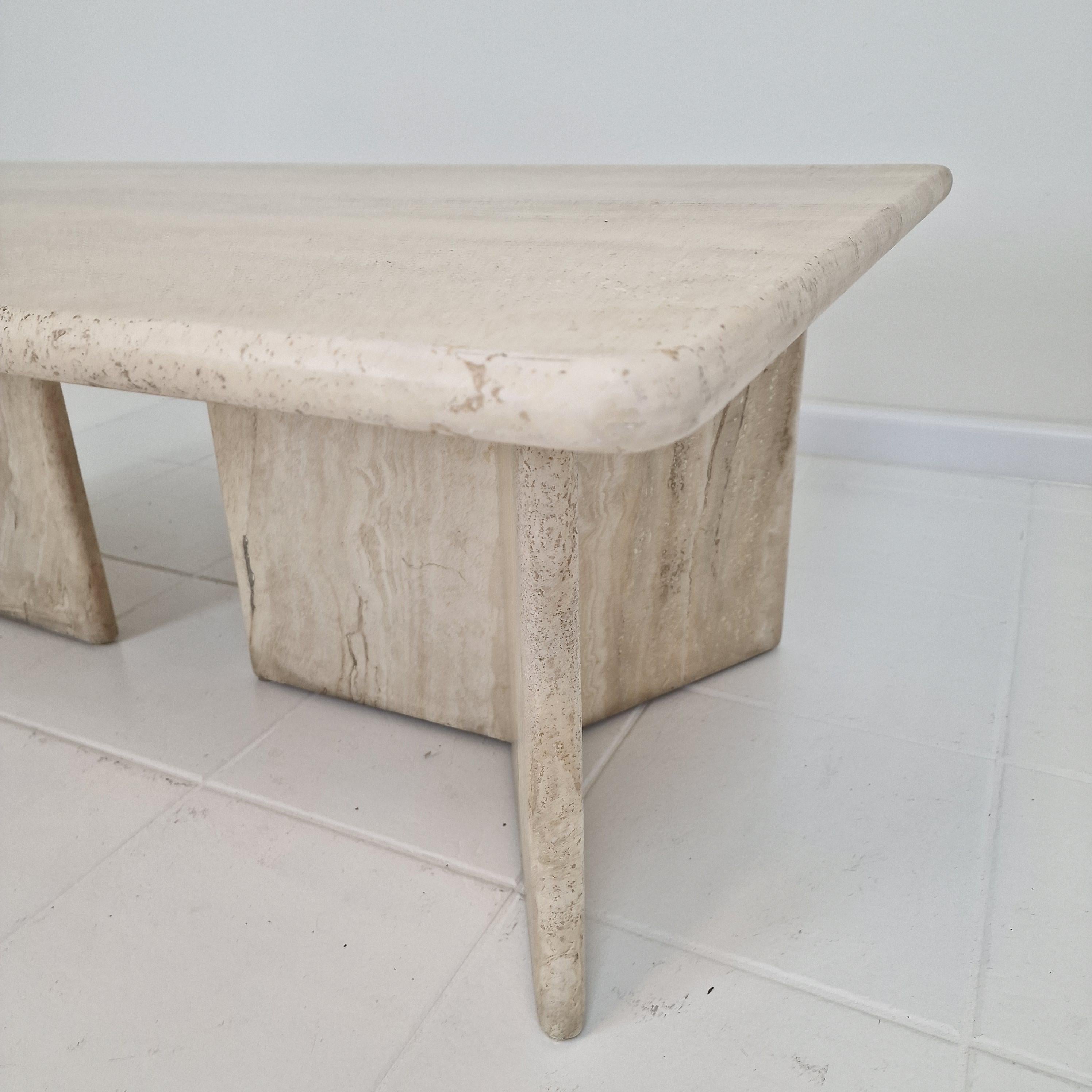 Robust Italian Travertine Coffee Table With two 3-leg Feet, 1980s 7