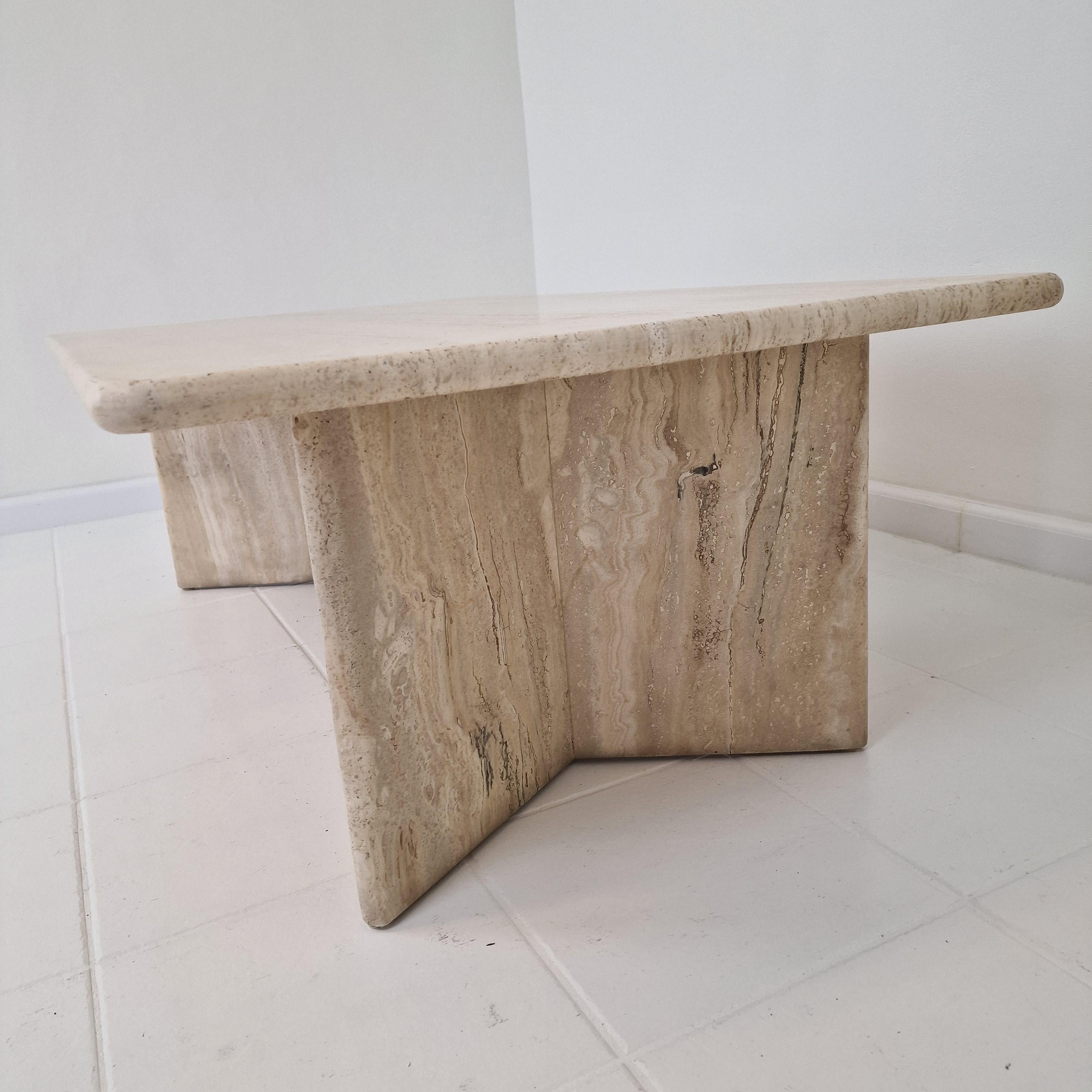 Robust Italian Travertine Coffee Table With two 3-leg Feet, 1980s 8