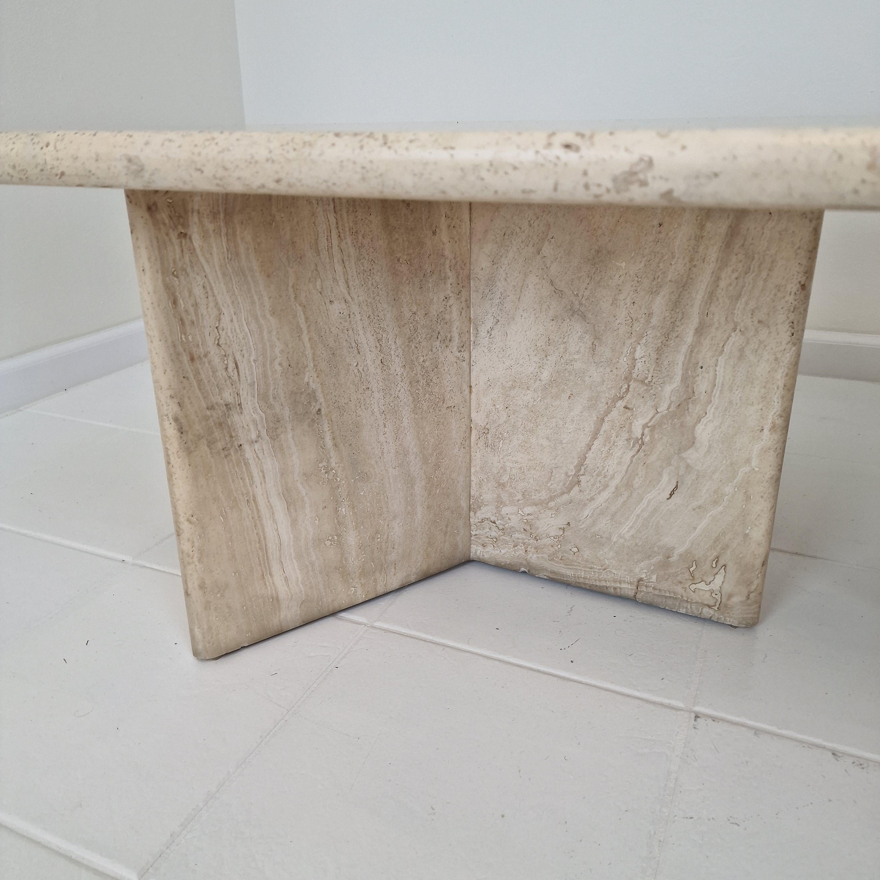 Robust Italian Travertine Coffee Table With two 3-leg Feet, 1980s 10