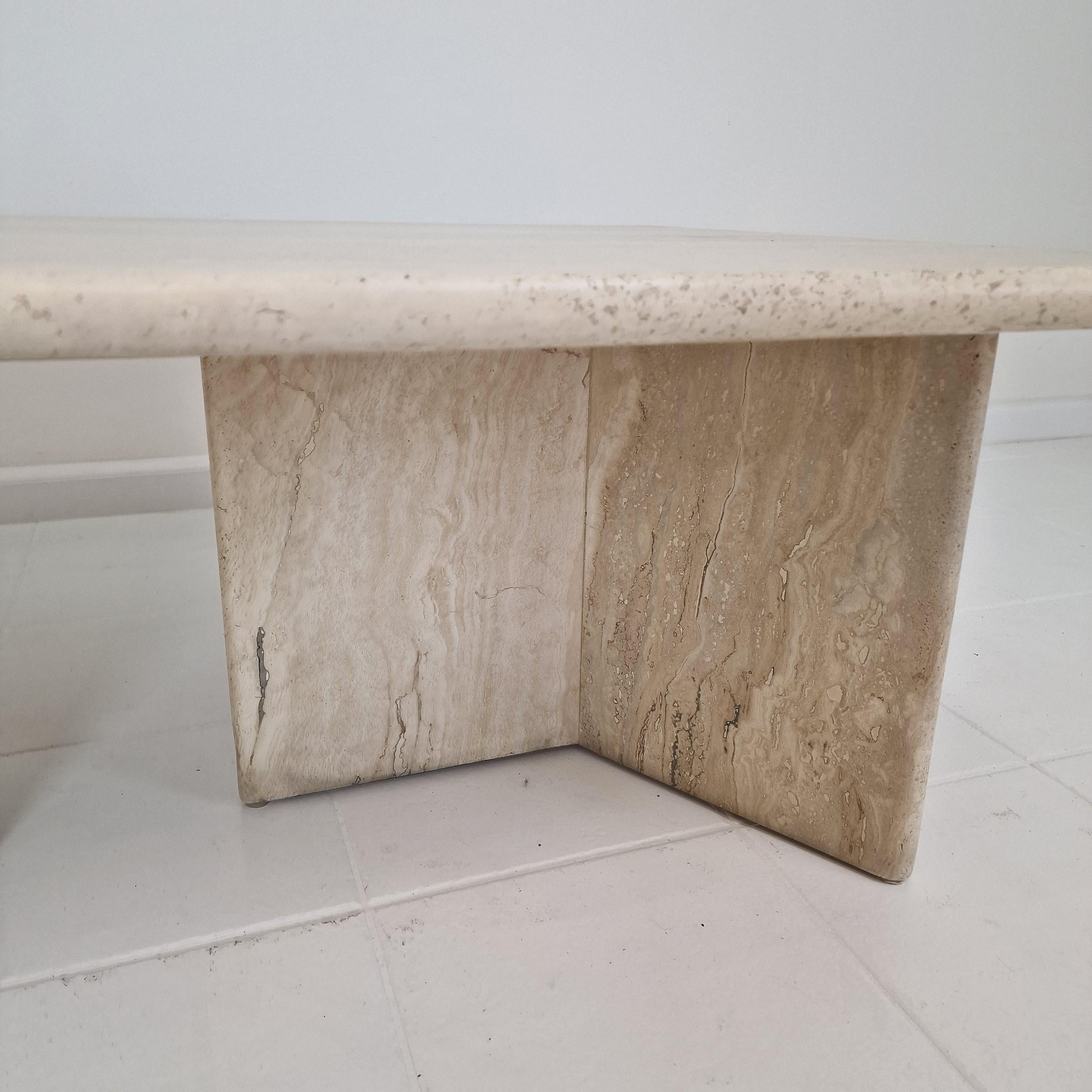 Robust Italian Travertine Coffee Table With two 3-leg Feet, 1980s 11