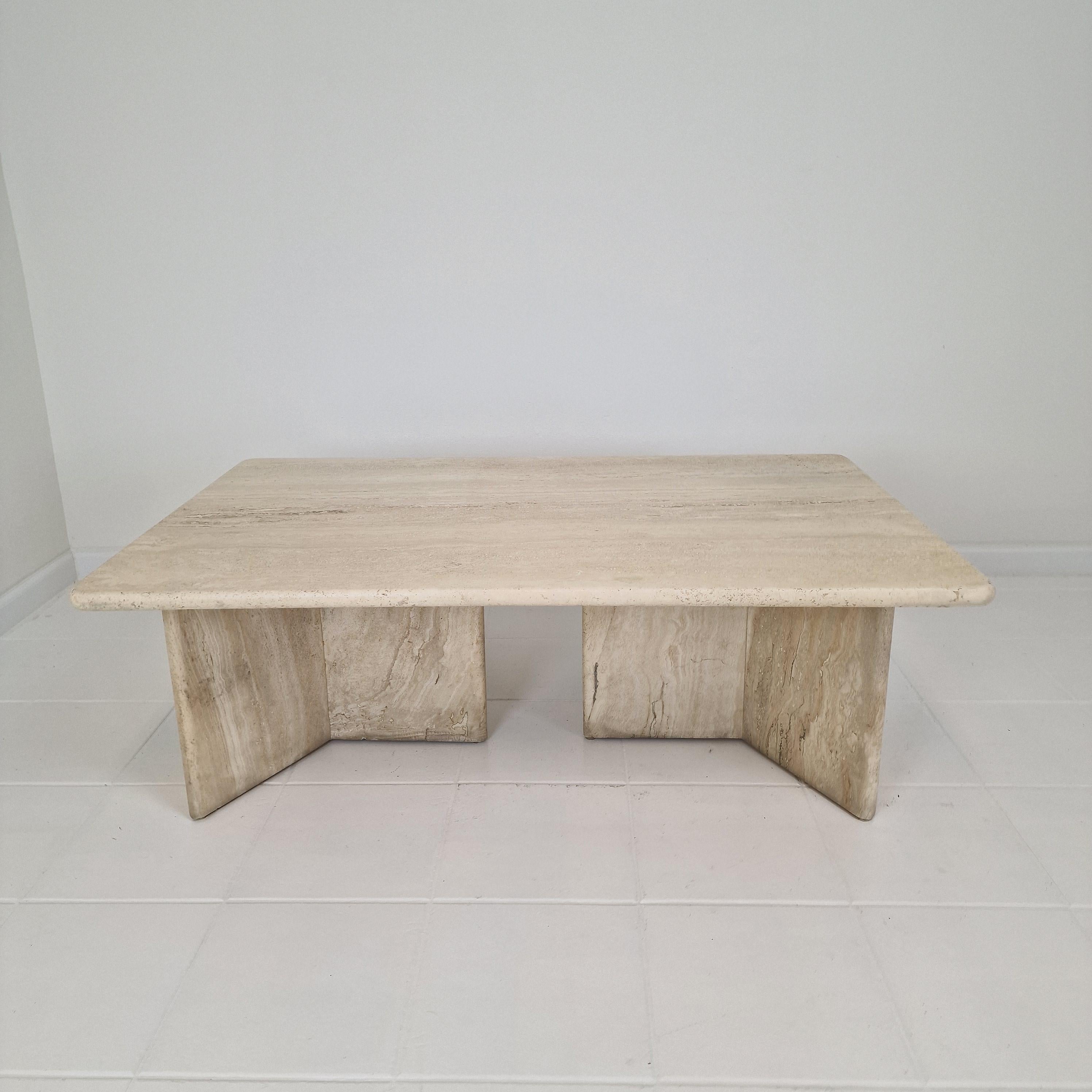 Mid-Century Modern Robust Italian Travertine Coffee Table With two 3-leg Feet, 1980s
