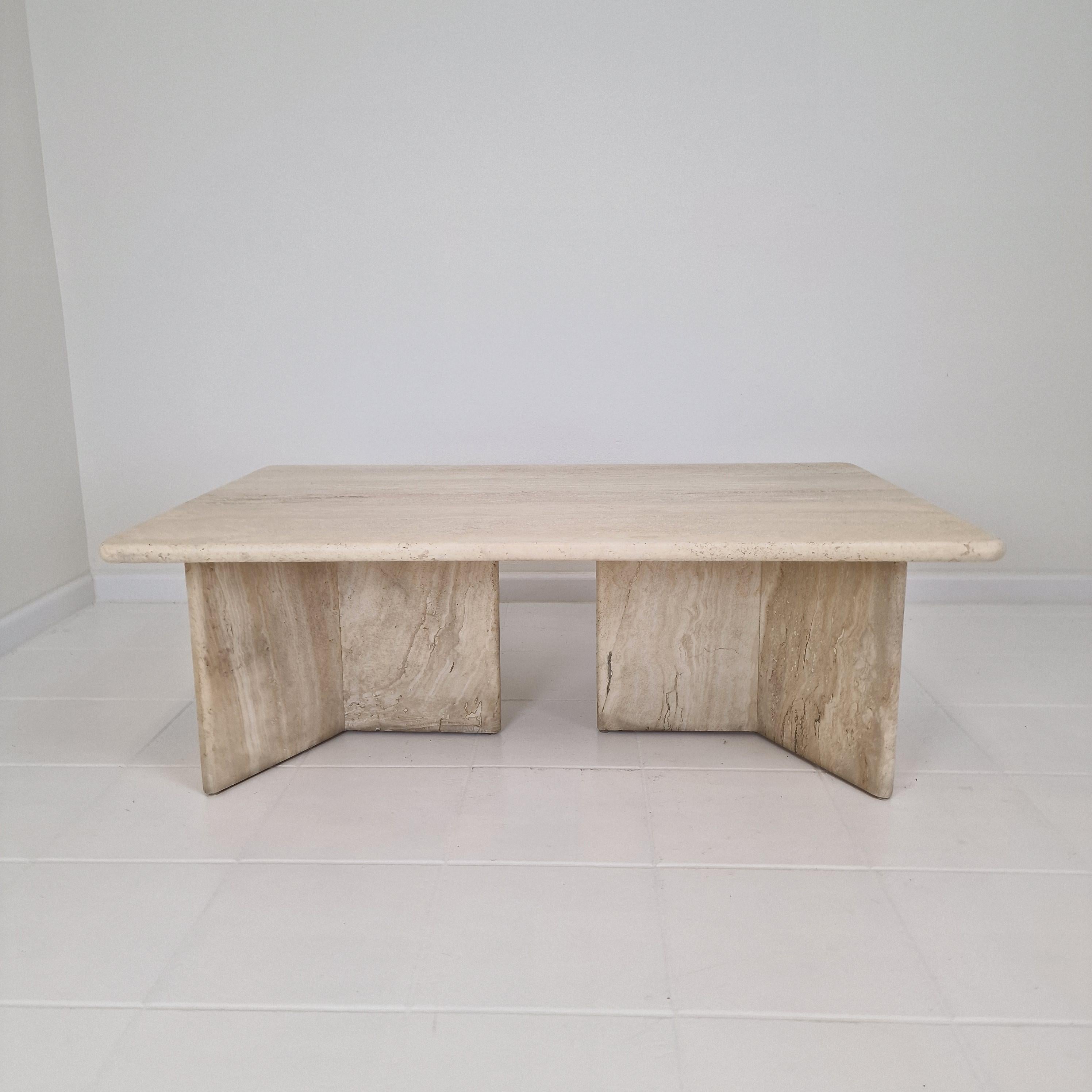 Hand-Crafted Robust Italian Travertine Coffee Table With two 3-leg Feet, 1980s