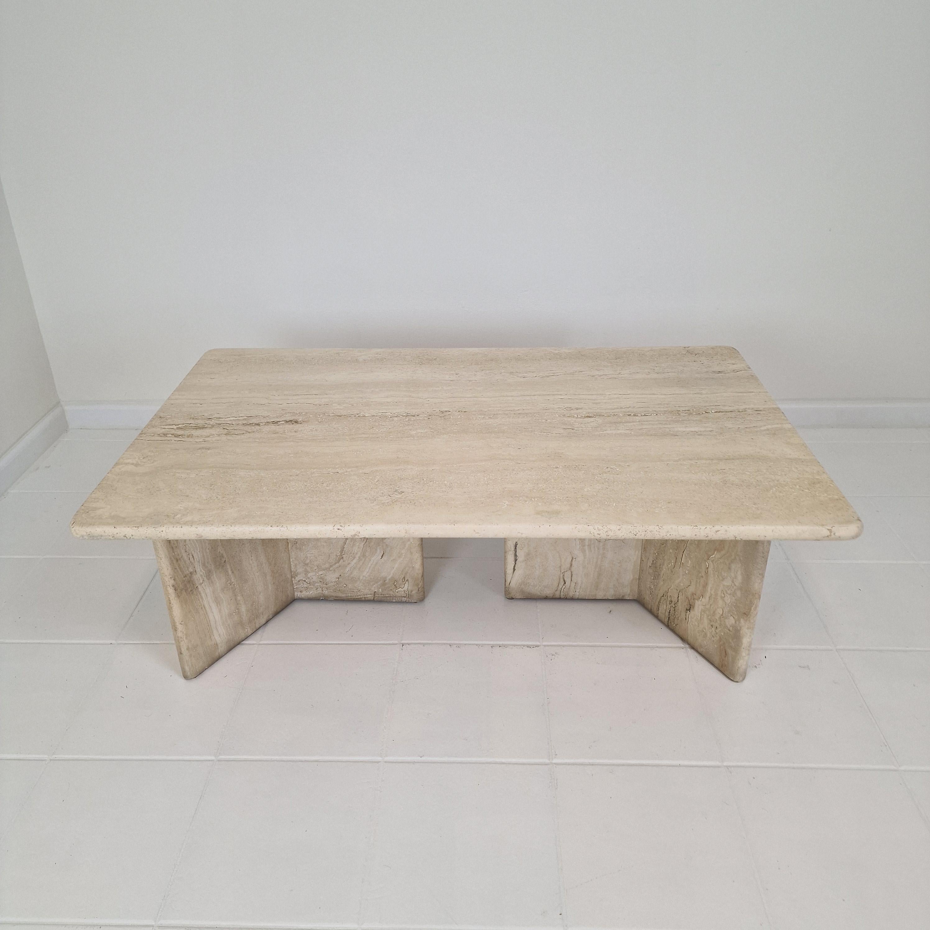 Robust Italian Travertine Coffee Table With two 3-leg Feet, 1980s In Good Condition In Oud Beijerland, NL