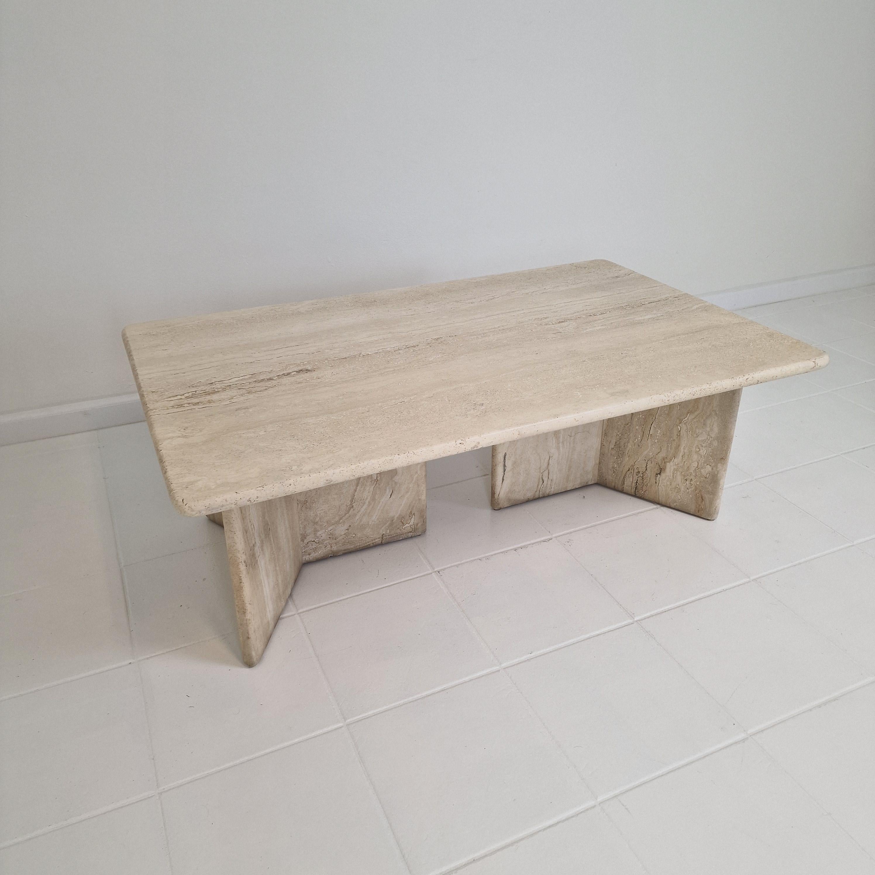 Late 20th Century Robust Italian Travertine Coffee Table With two 3-leg Feet, 1980s