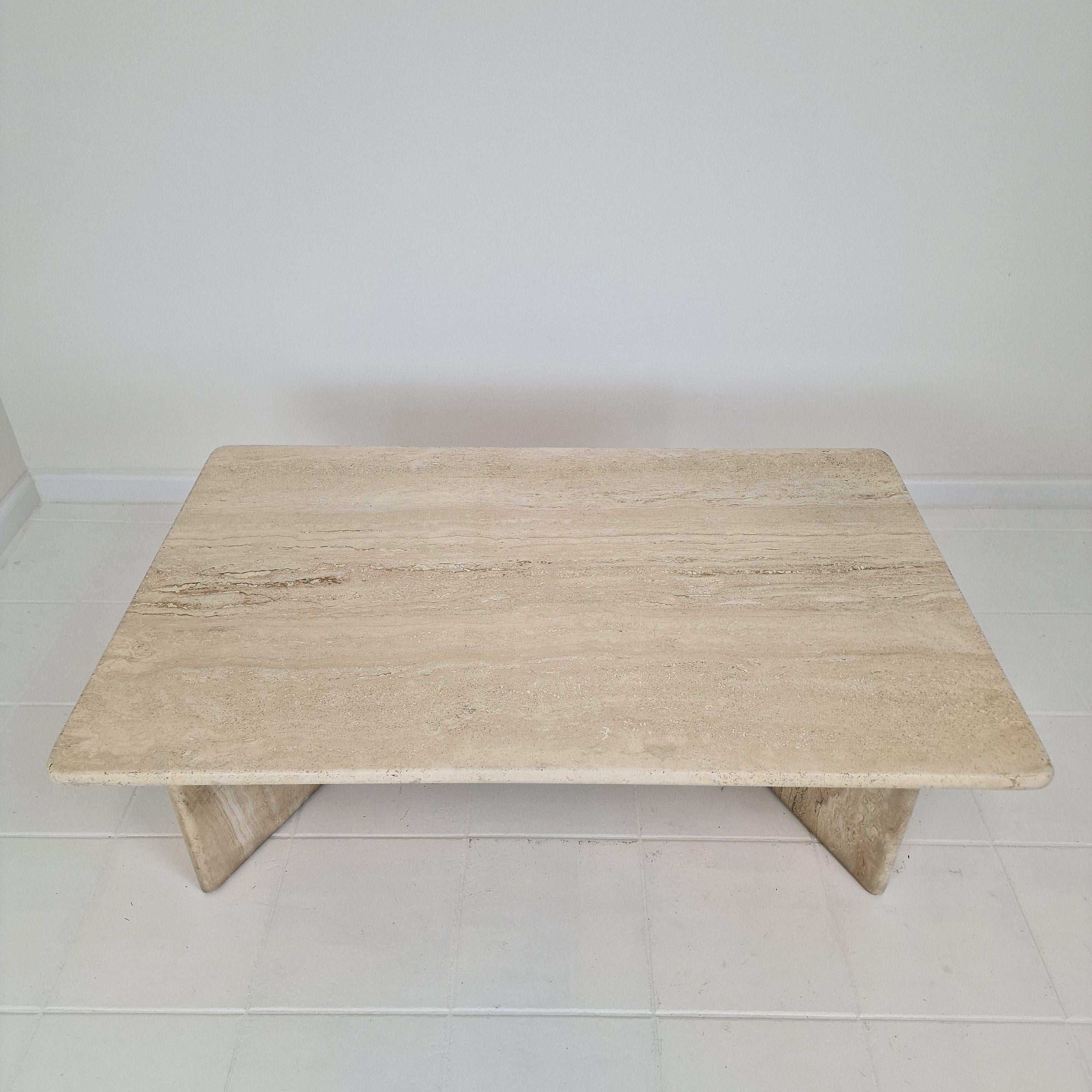 Robust Italian Travertine Coffee Table With two 3-leg Feet, 1980s 1