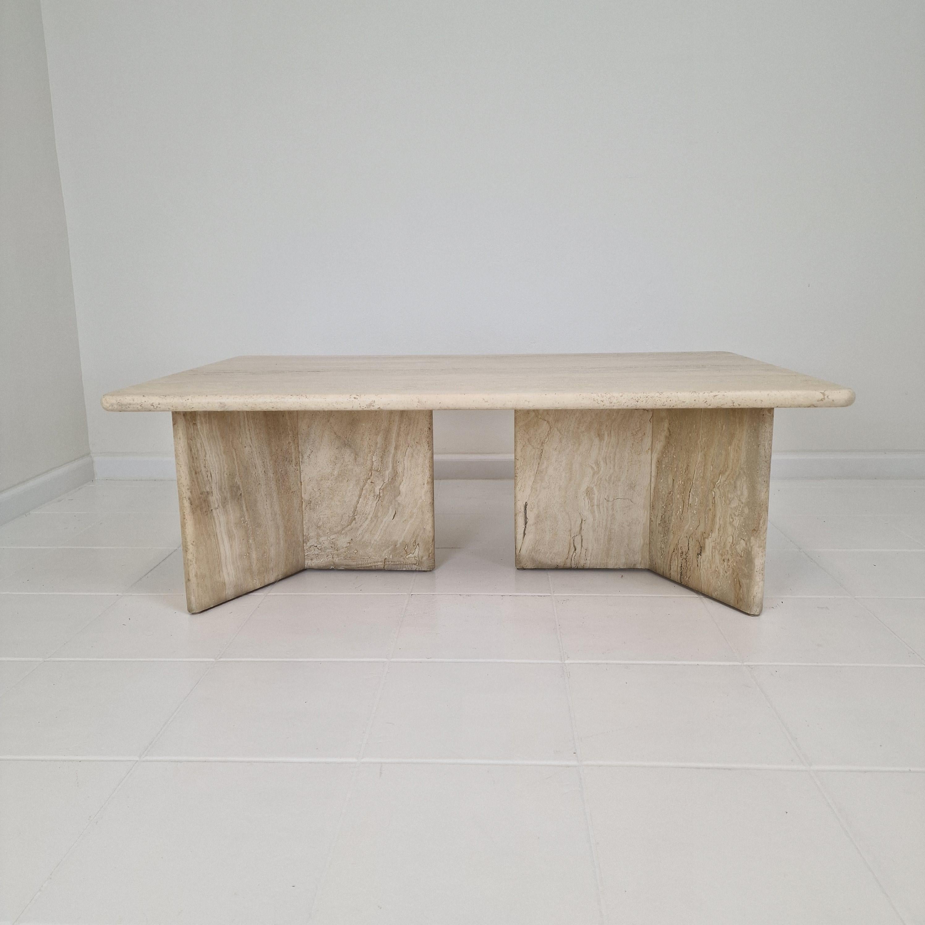 Robust Italian Travertine Coffee Table With two 3-leg Feet, 1980s 2