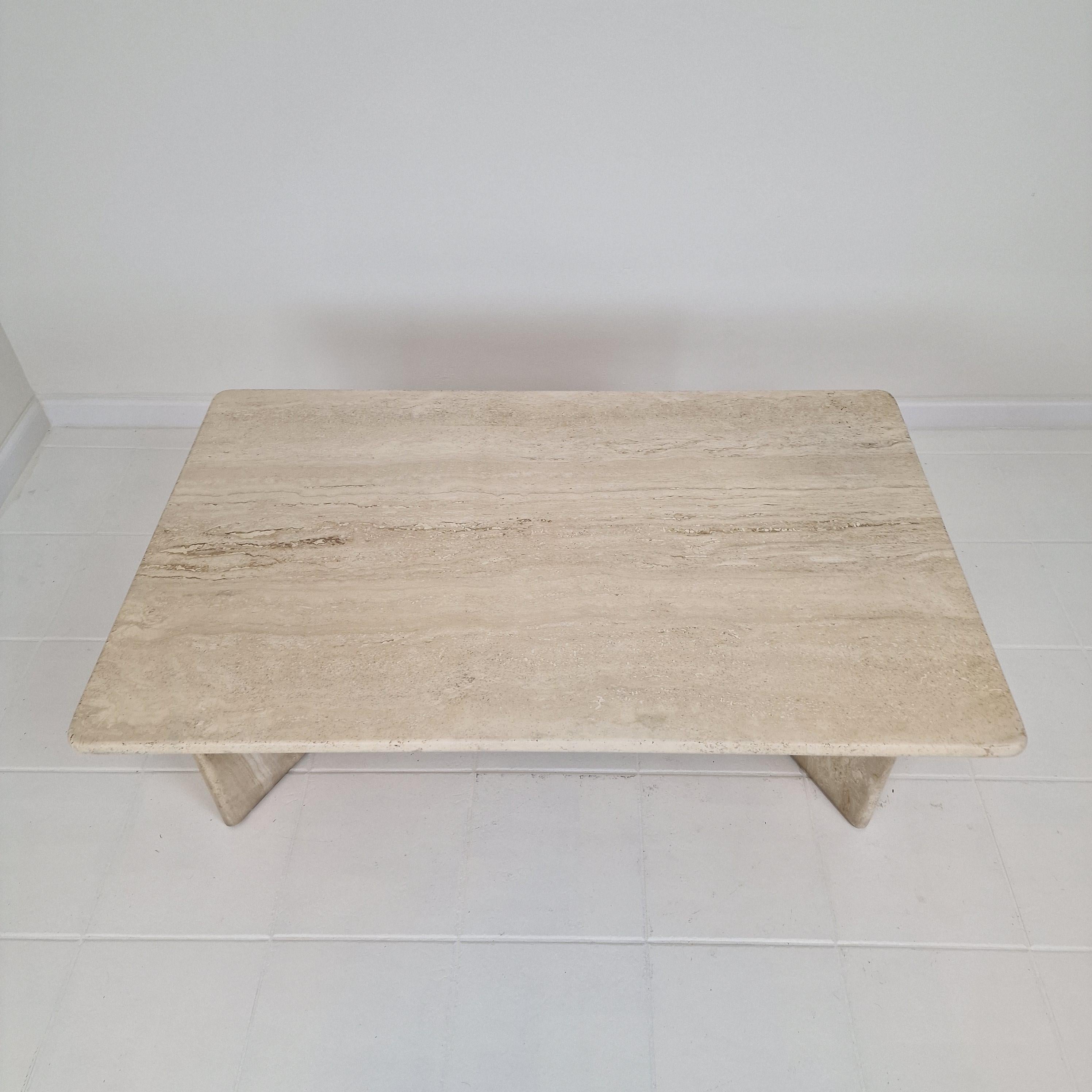 Robust Italian Travertine Coffee Table With two 3-leg Feet, 1980s 3