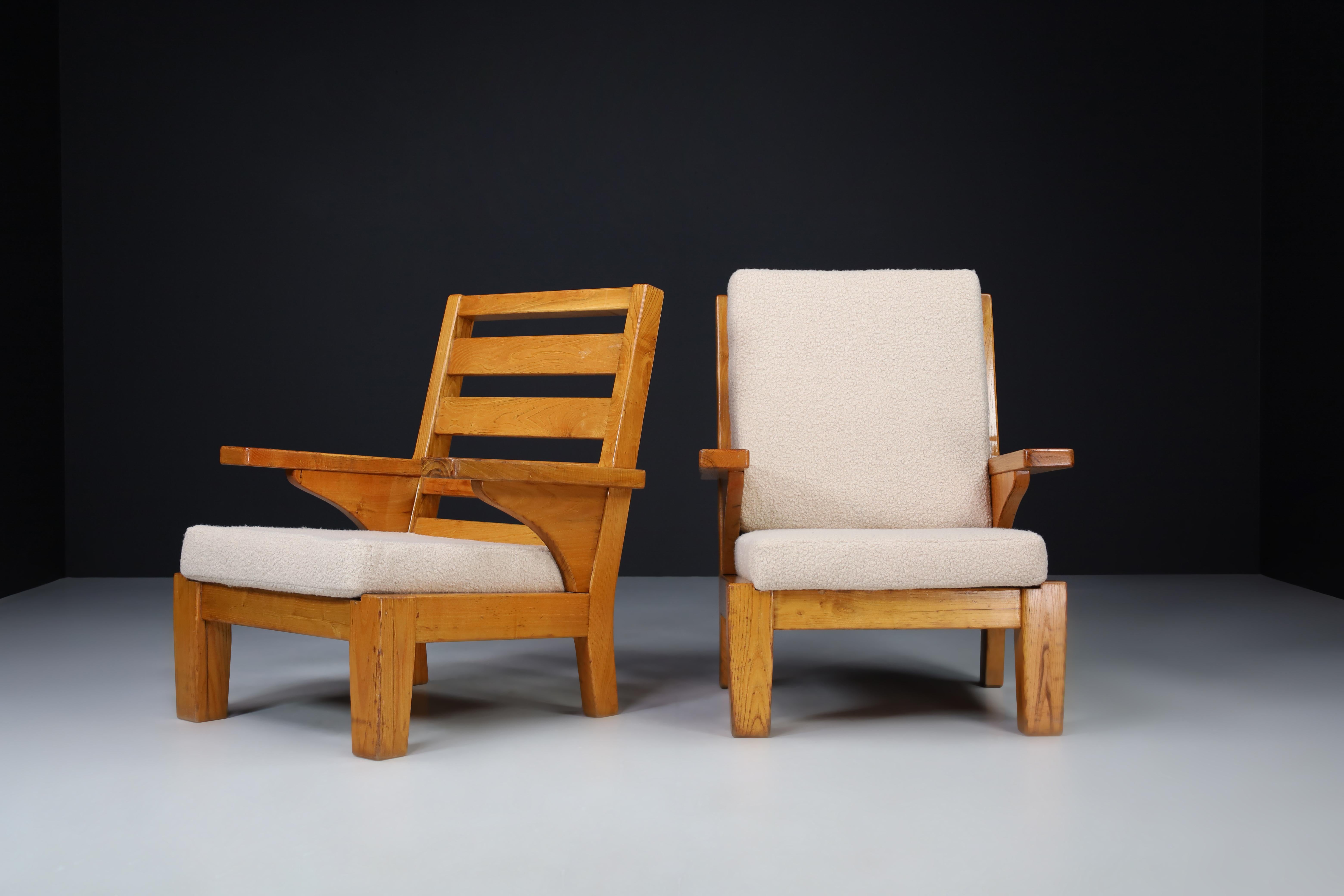 Spanish Robust Pine and Teddy Fabric lounge Chairs, Spain 1960s   For Sale