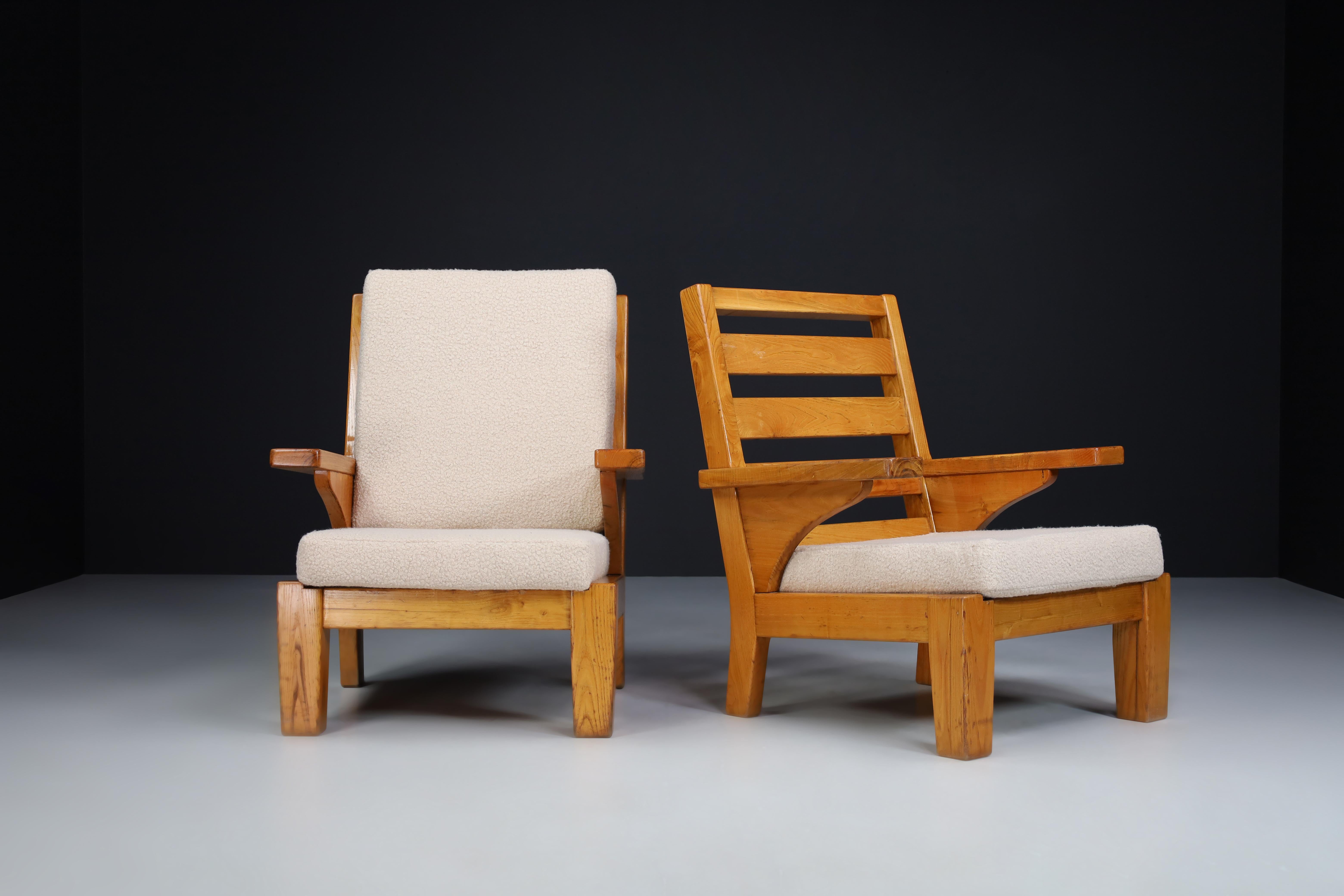 Robust Pine and Teddy Fabric lounge Chairs, Spain 1960s   For Sale 1