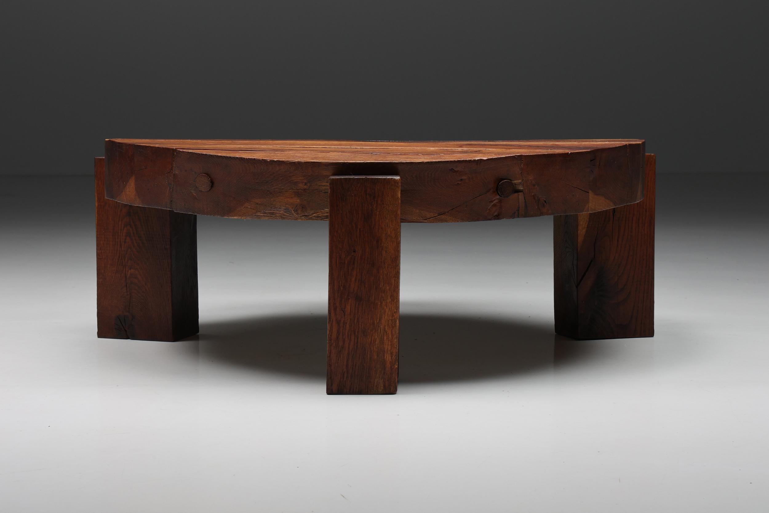 Rustic Robust Round Coffee Table with Plugs, France, 1950s
