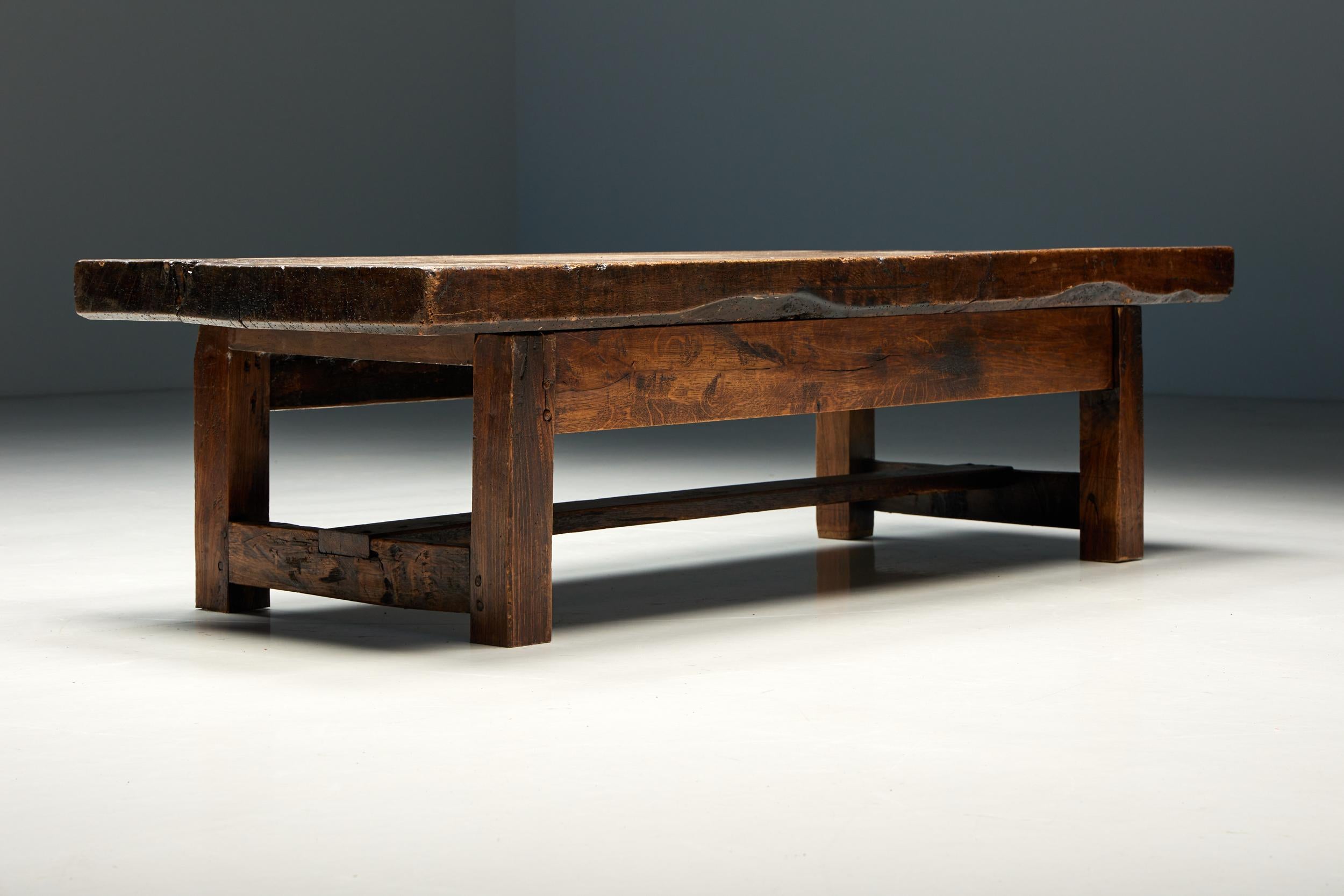 Rustic Robust Wooden Rectangular Coffee Table, France, 1940s