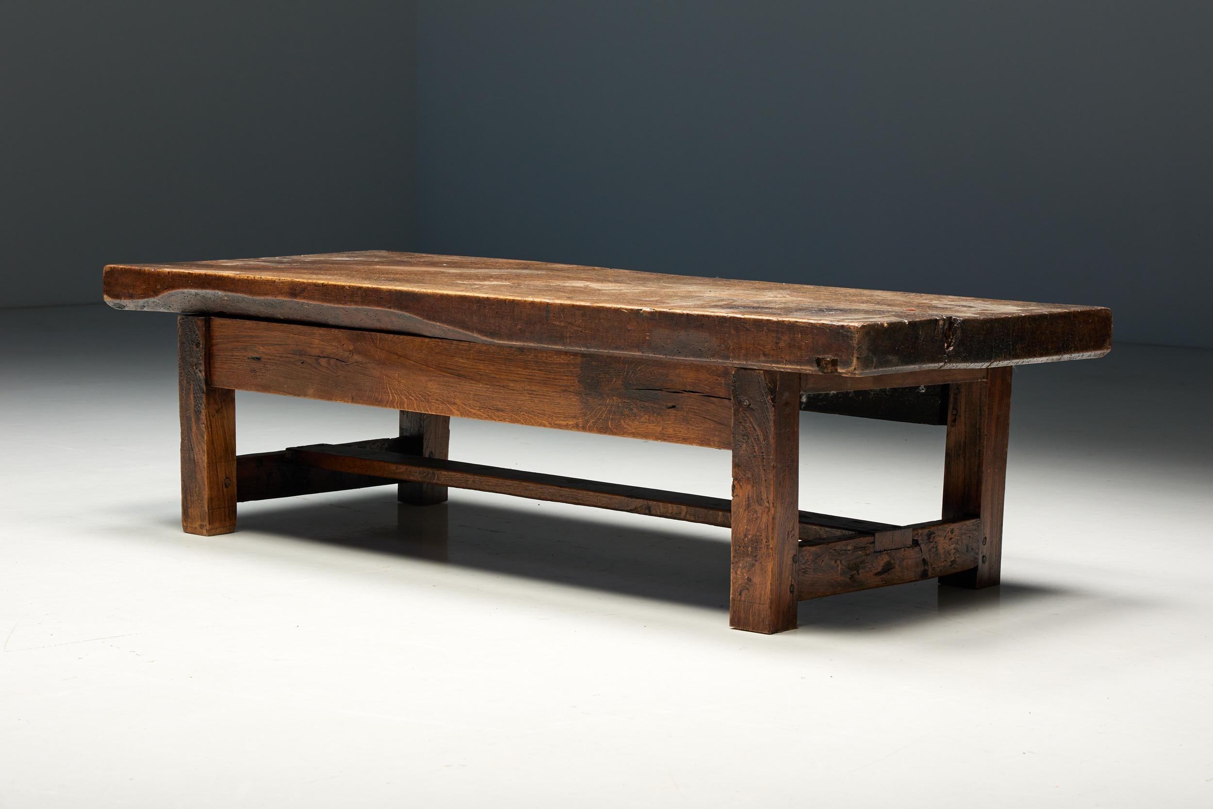 Woodwork Robust Wooden Rectangular Coffee Table, France, 1940s