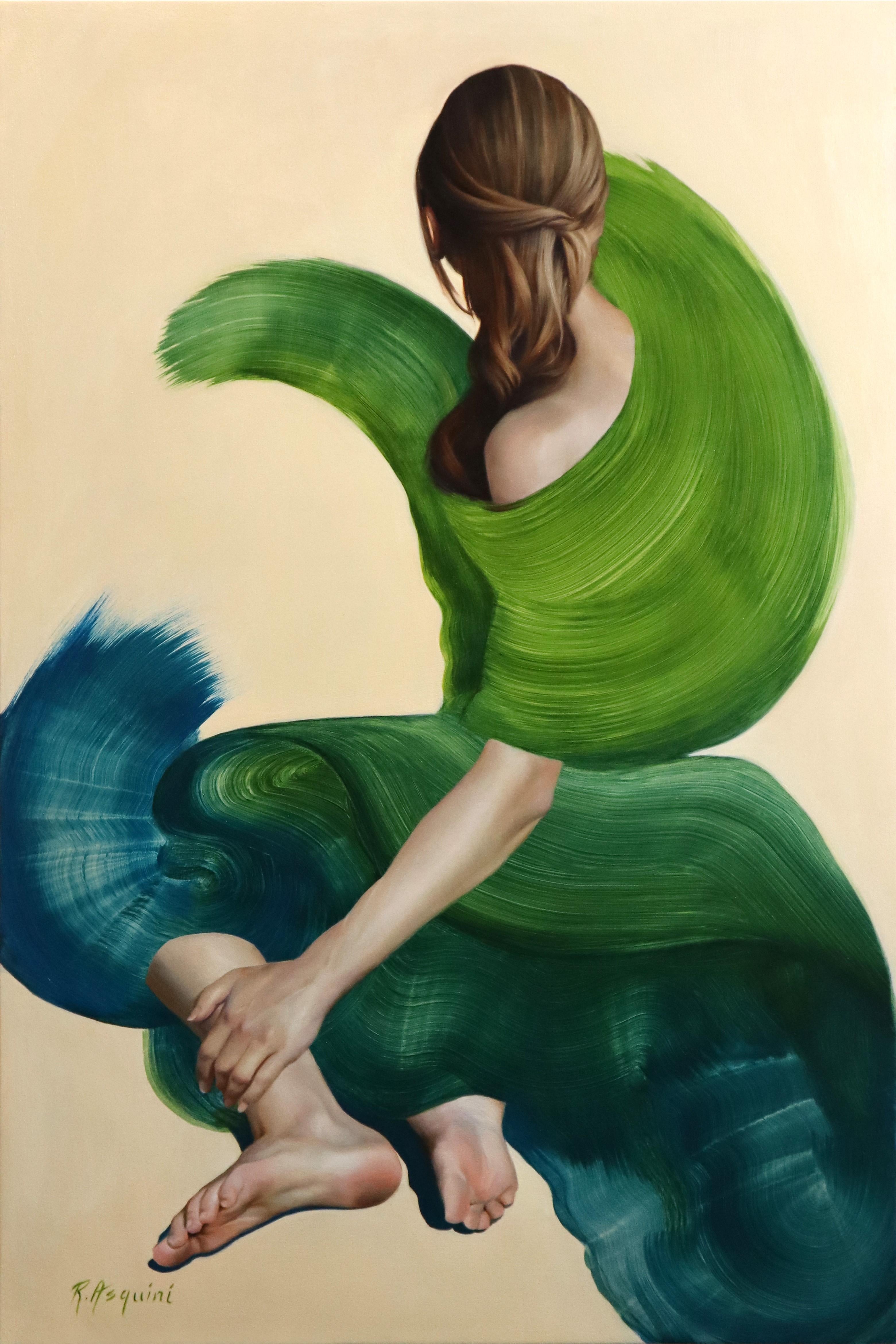 Robin Asquinis "By The Shore" ist ein originales, handgefertigtes Ölgemälde, das das Porträt einer Frau mit großen grünen und blaugrünen Pinselstrichen um ihre Figur herum zeigt. 

Robyn Asquini (geb. 1988) kombiniert in ihren Ölgemälden die