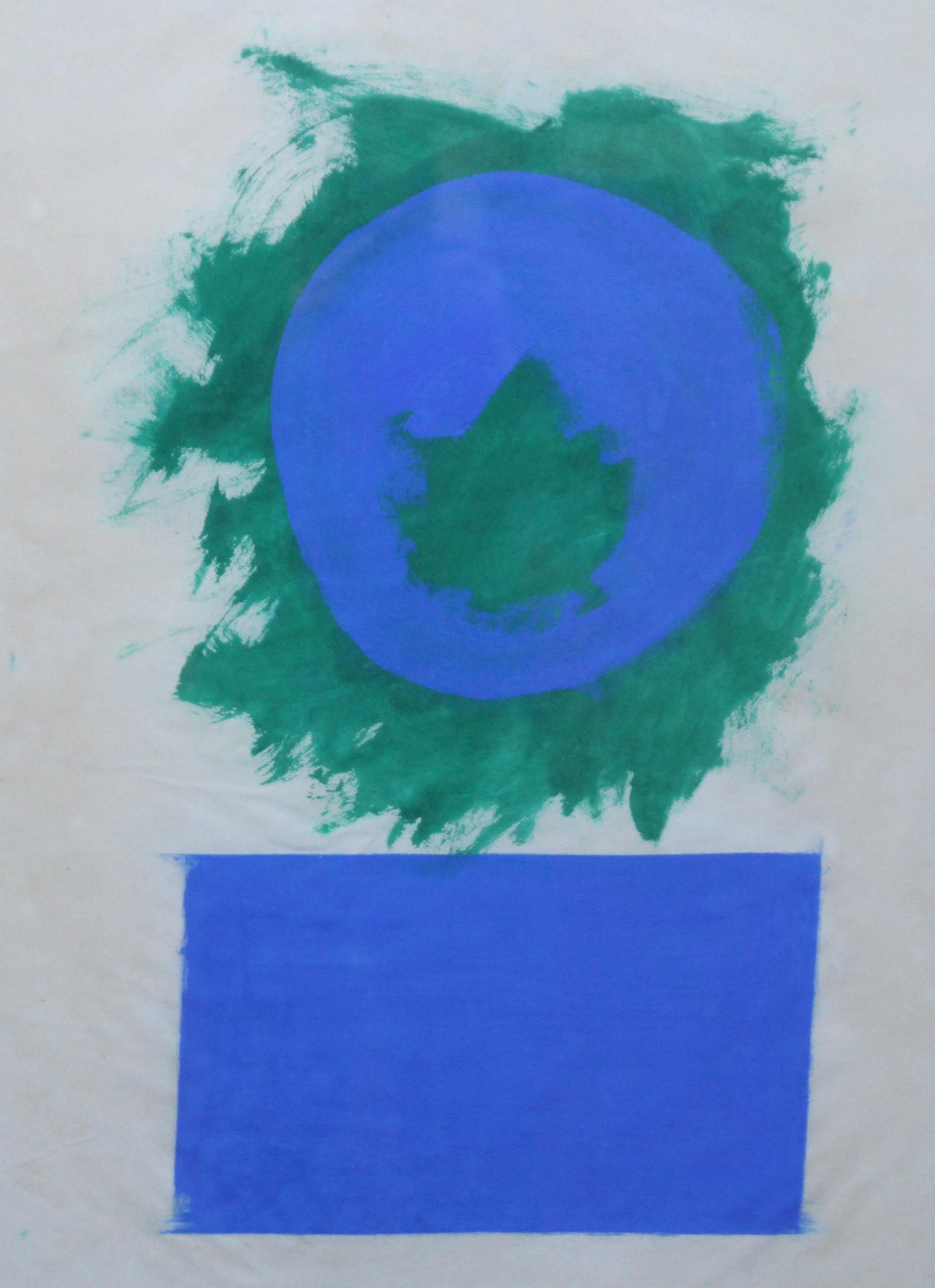Blue and Green Forms - British 50's abstract art oil painting paper colourfield - Abstract Painting by Robyn Denny