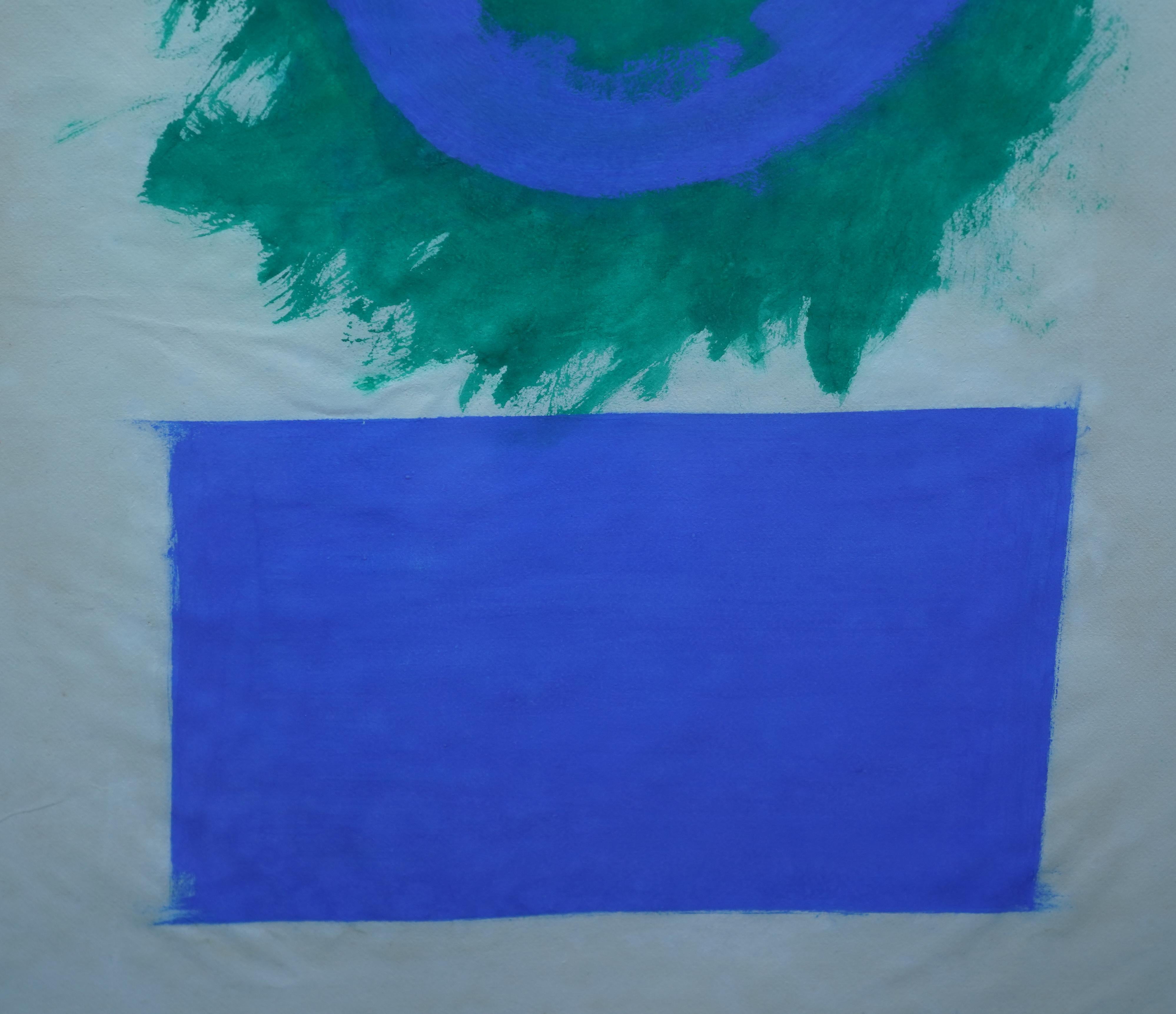Blaue und grüne Formen – britisches abstraktes Ölgemälde in Papierfarbe aus den 50er Jahren im Angebot 1