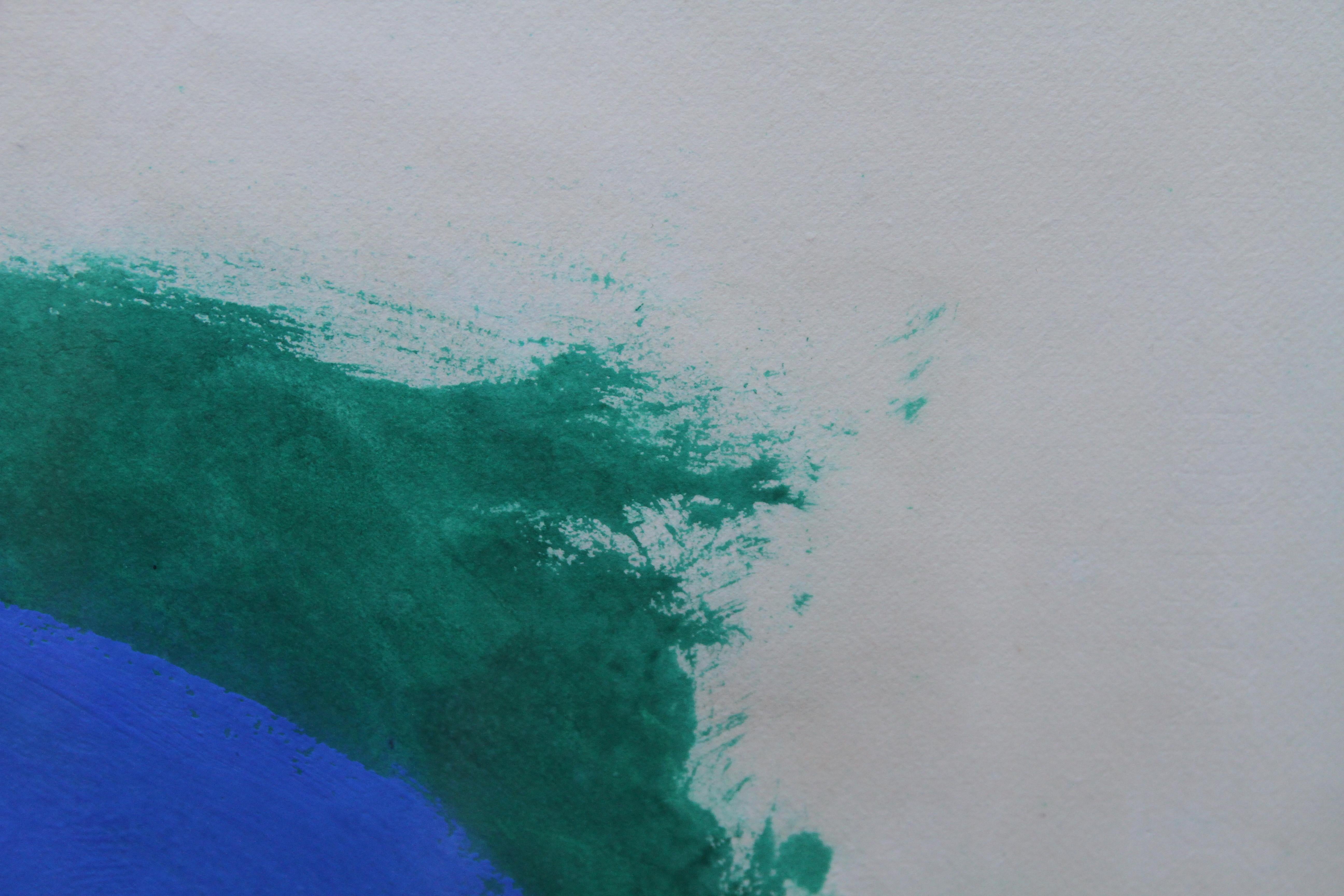 Formes bleues et vertes - Art abstrait britannique des années 50 - Peinture à l'huile sur papier couleurfield en vente 4