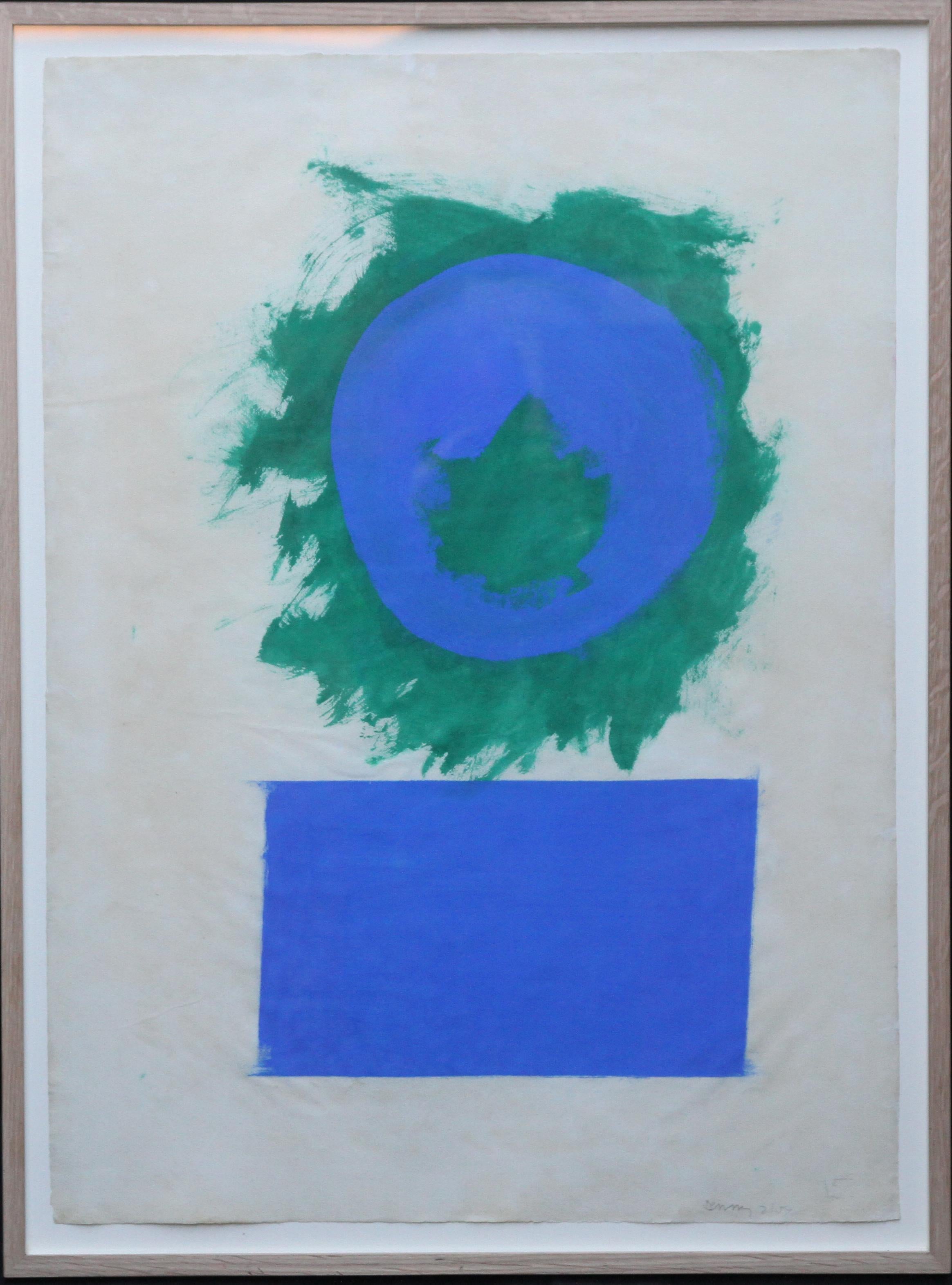 Robyn Denny Abstract Painting - Blue and Green Forms - British 50's abstract art oil painting paper colourfield
