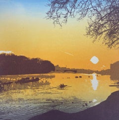 Rameurs à l'aube à Putney (Large), paysage, paysage marin, art du coucher de soleil, Londres 