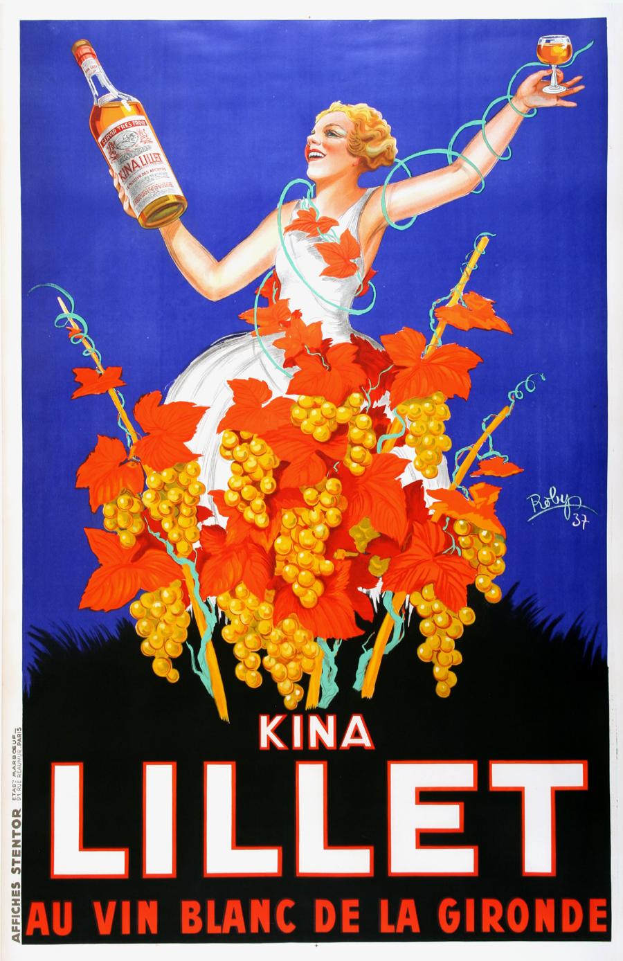 The artist of the poster, Robys, otherwise known as Robert Wolff, uses bright, contrasting colors and a dynamic composition to promote the exciting and celebratory Kina Lillet beverage. A beautiful woman, dressed in bountiful grapes and bright and