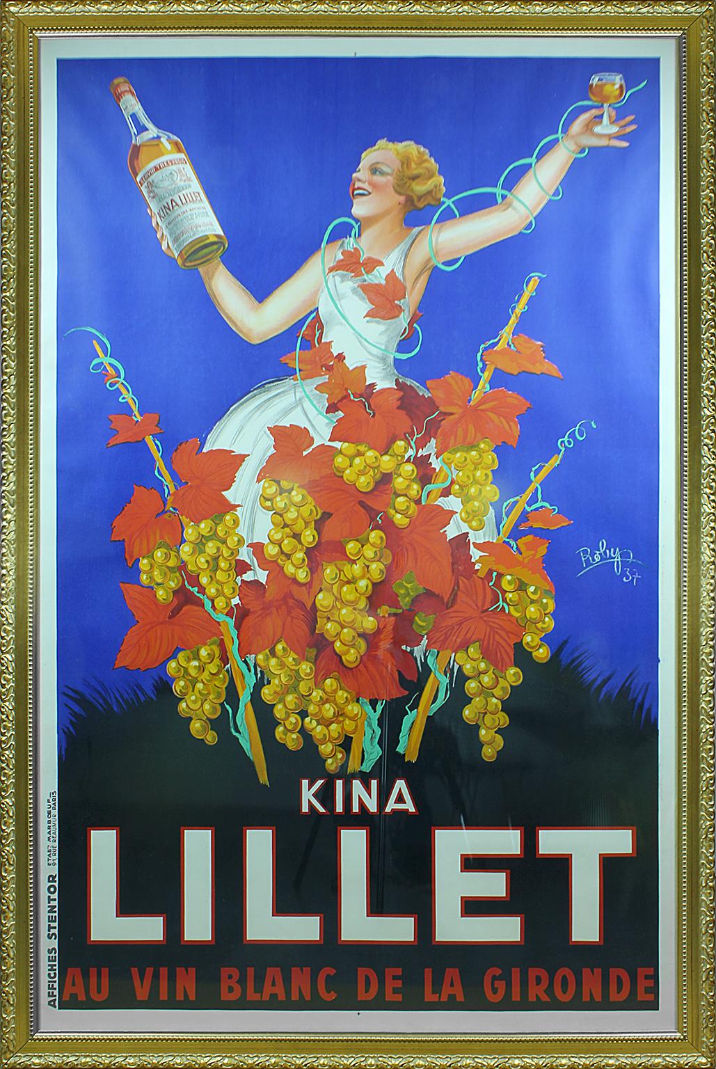 "Kina Lillet" affiche lithographique originale de 1937 de l'artiste Robys. Affiches Stentor Etab. Marboeuf 91 Rue Reaumur Paris imprimé sur le devant en bas à gauche. Robys 37 sur le côté droit. 

Cette affiche exubérante célèbre l'apéritif éponyme,