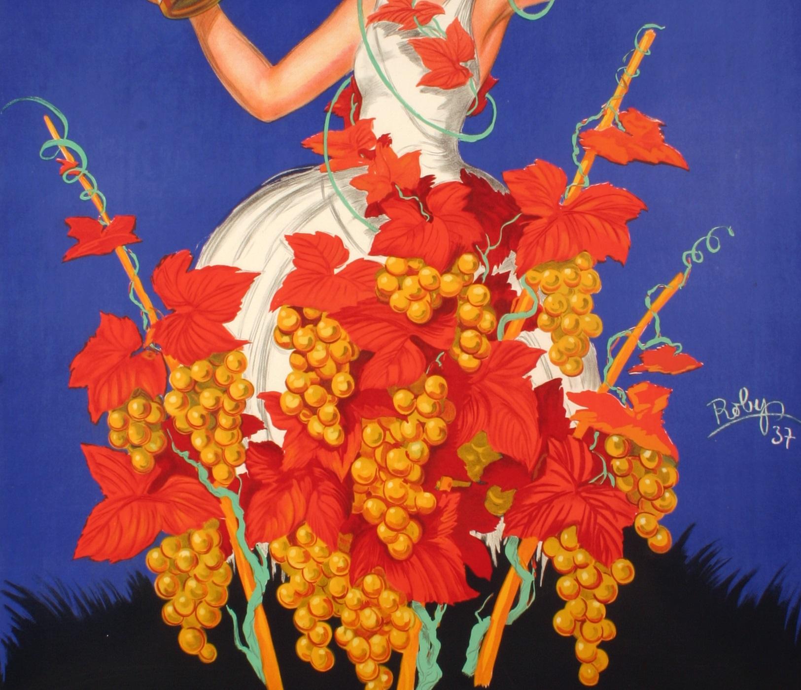 Art Deco Robys, Original Vintage Poster, Kina Lillet Wine, Bordeaux, Bunch of grape, 1937 For Sale
