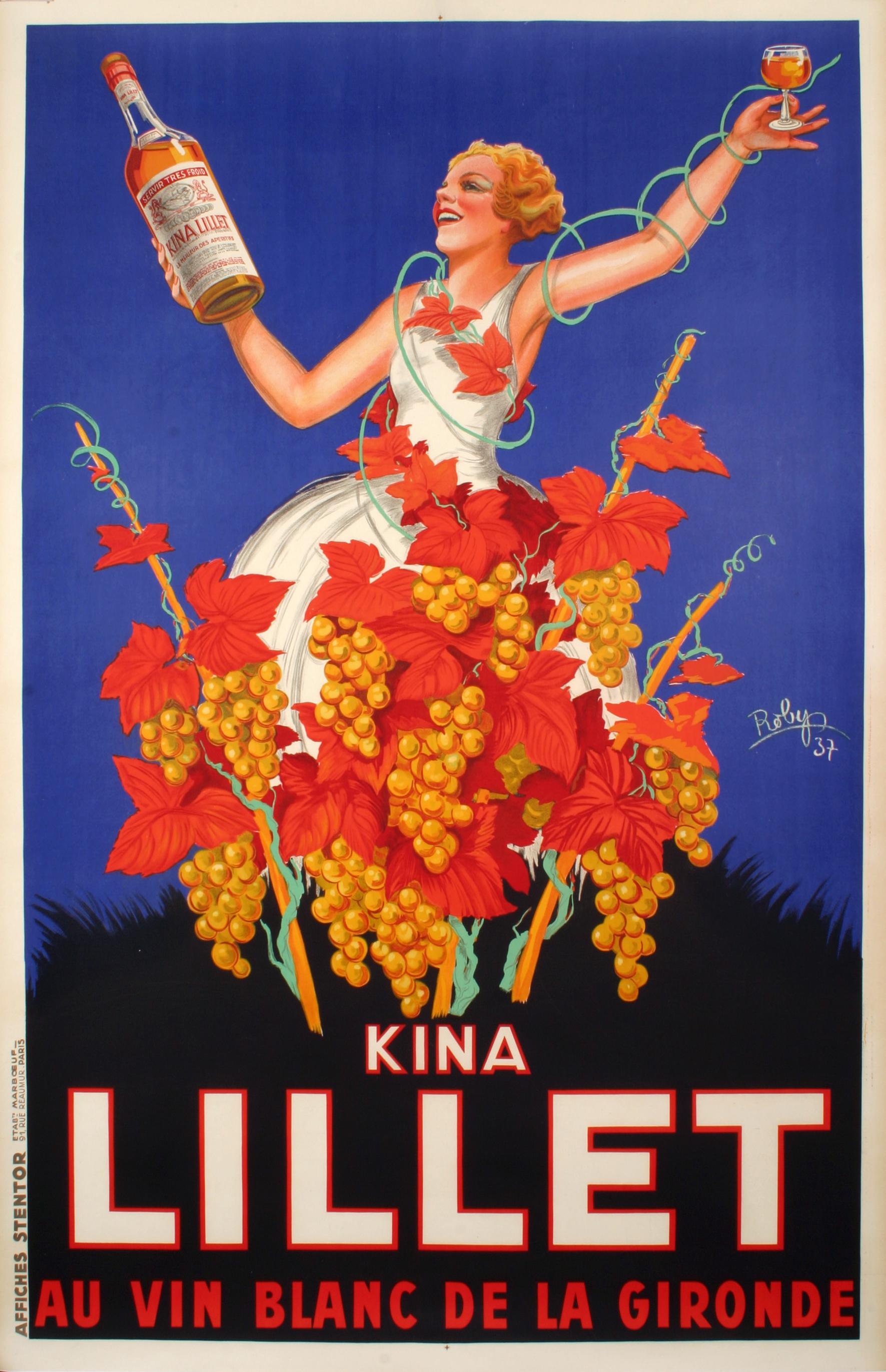 Robys, Original Vintage Poster, Kina Lillet Wine, Bordeaux, Bunch of grape, 1937 In Good Condition For Sale In SAINT-OUEN-SUR-SEINE, FR