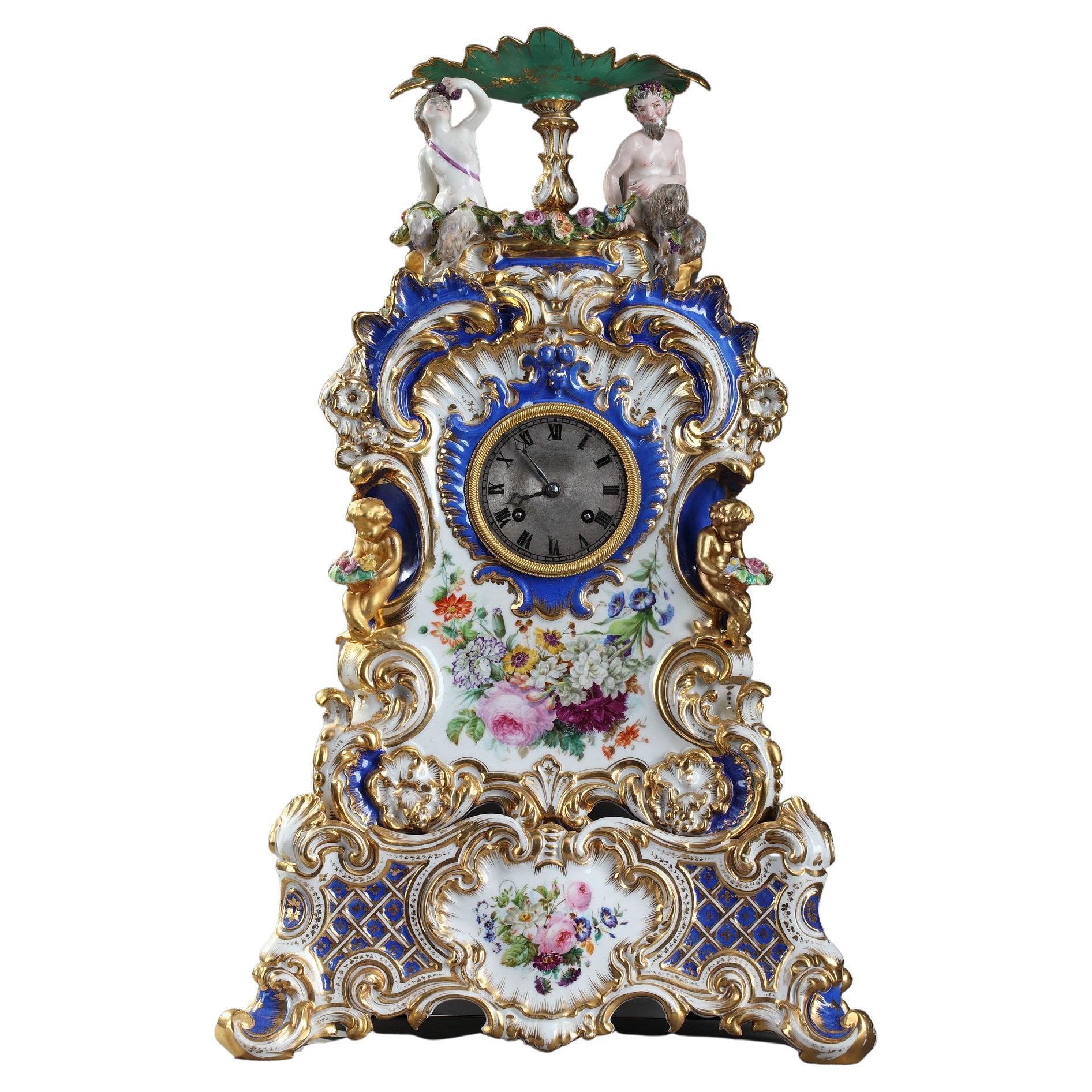 Rocaille Clock in Porcelain in the Taste of Jacob Petit 19th Century For Sale