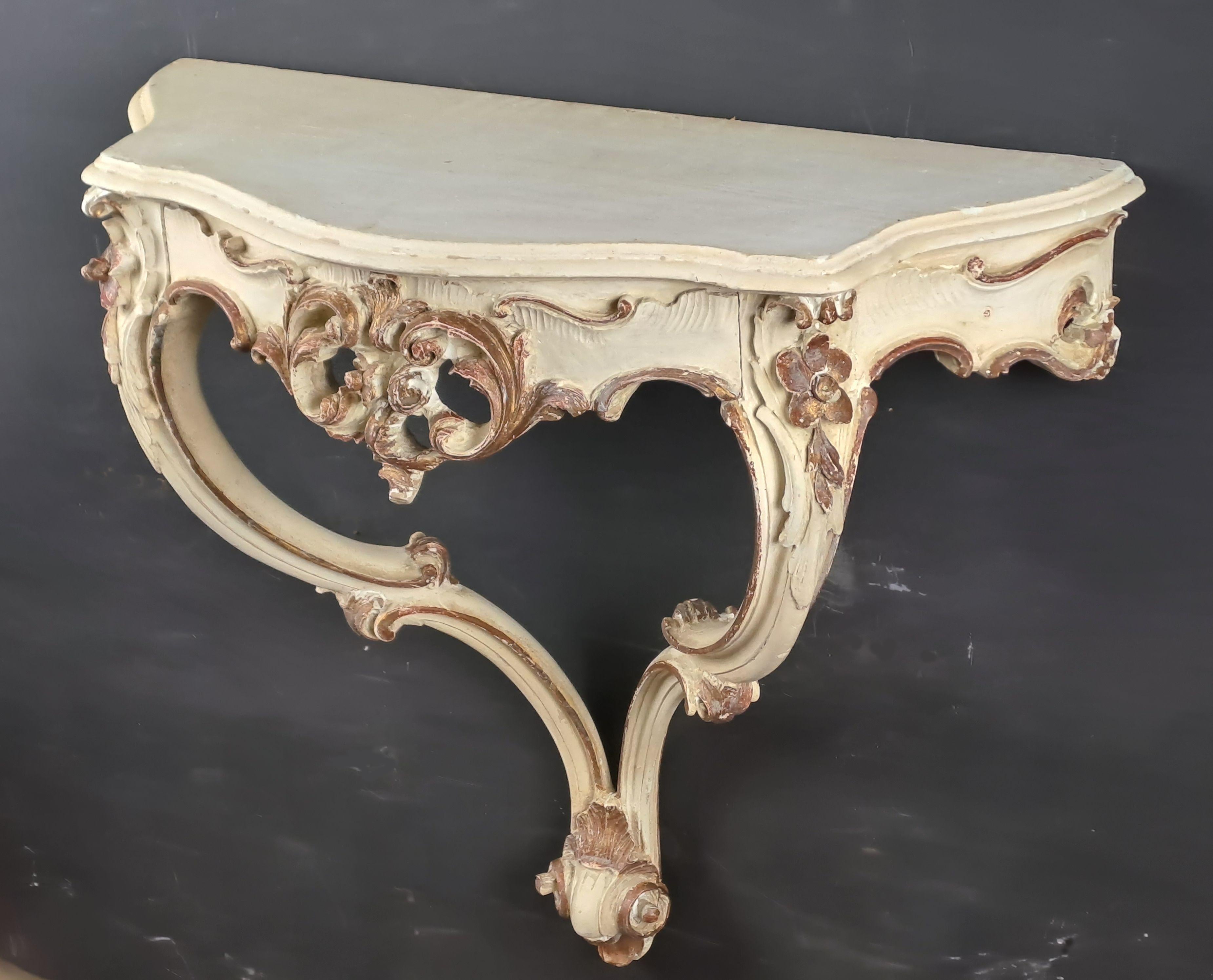 Rocaille Console In Lacquered And Gilded Wood In Fair Condition In BARSAC, FR