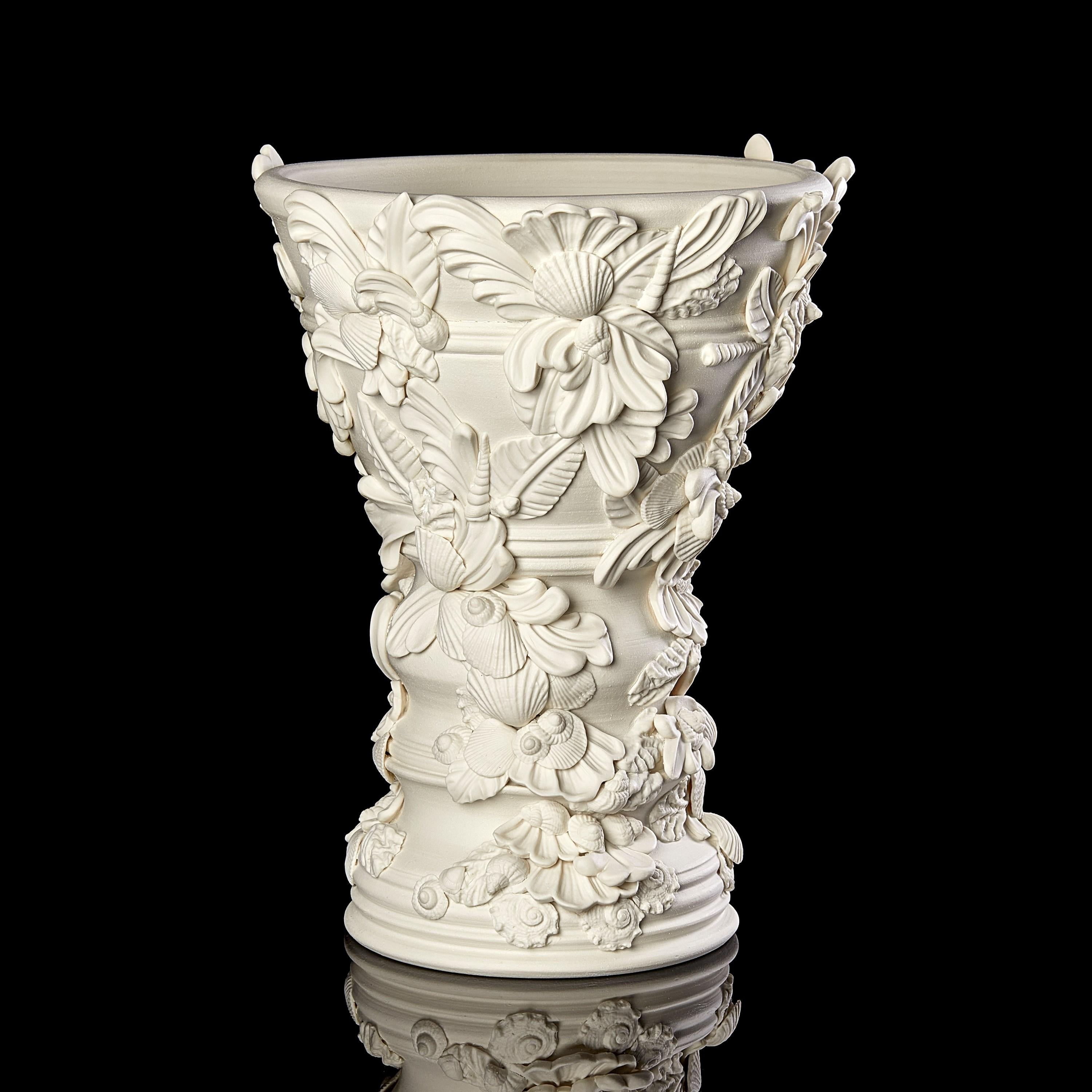 Porcelain  Rocaille III, porcelain sculptural vase with flourishes & shells by Jo Taylor