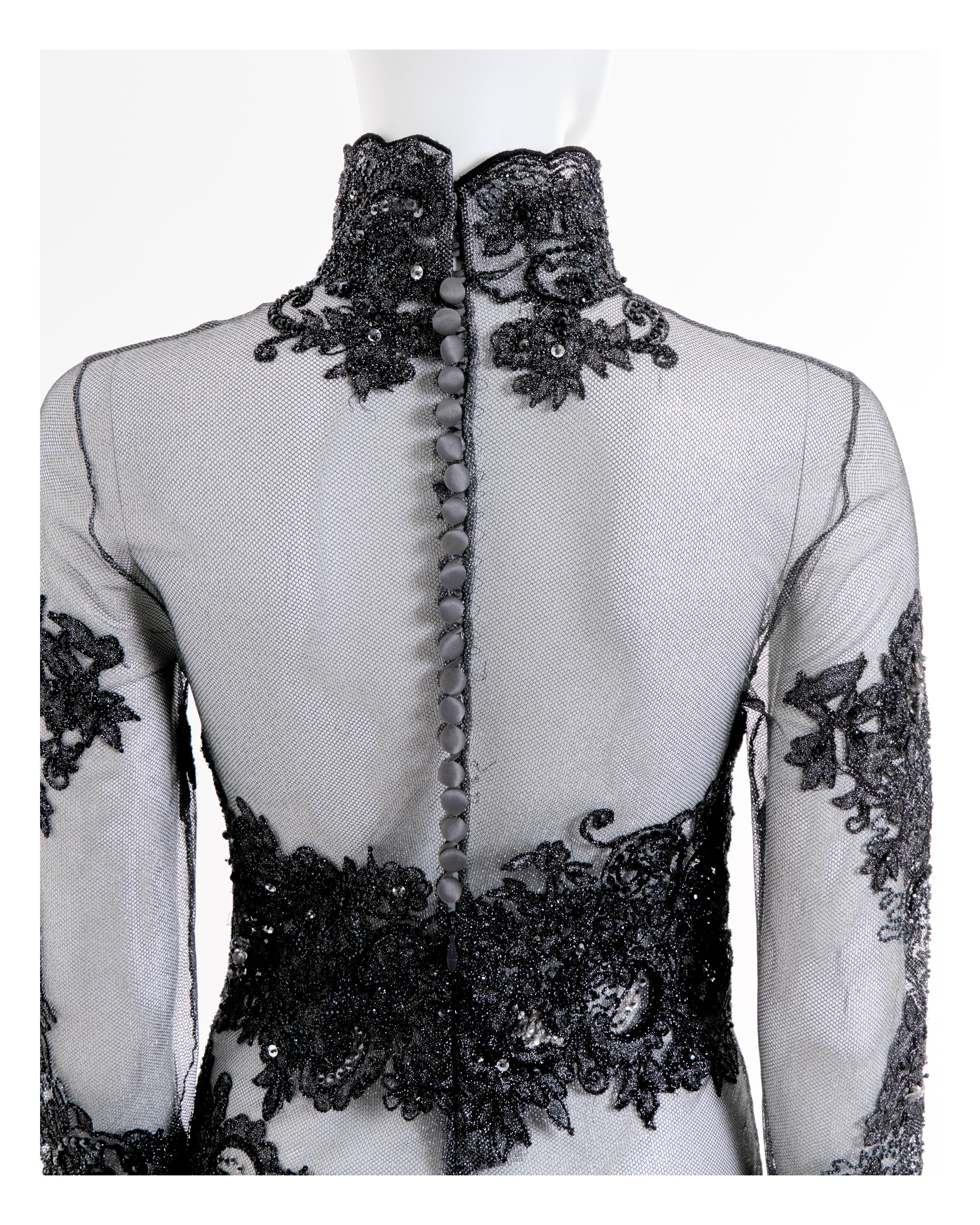Rocco Barocco Couture F/W 1997 Semitransparent Floral Silver Silk Long Dress en vente 5