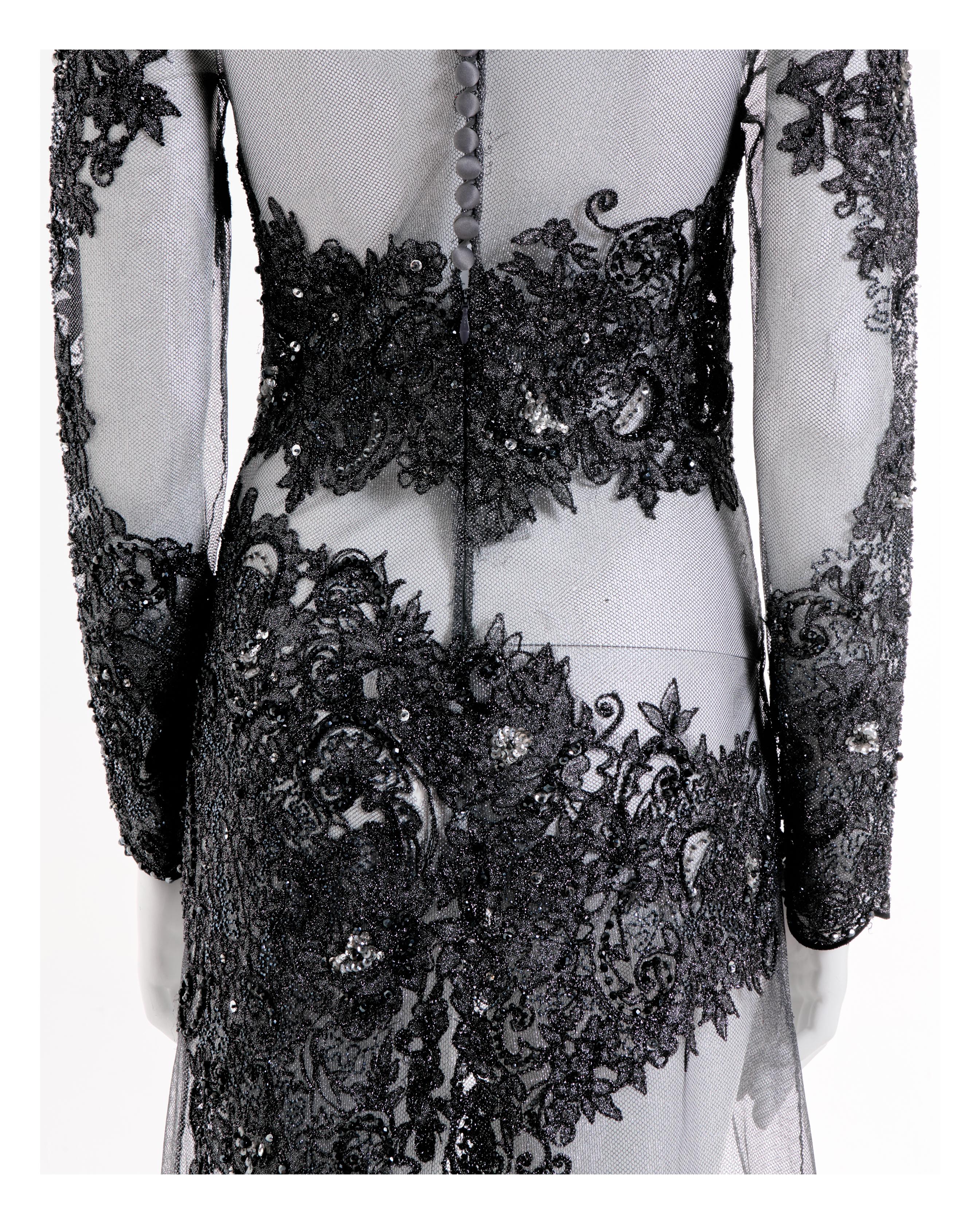 Rocco Barocco Couture F/W 1997 Semitransparent Floral Silver Silk Long Dress en vente 6