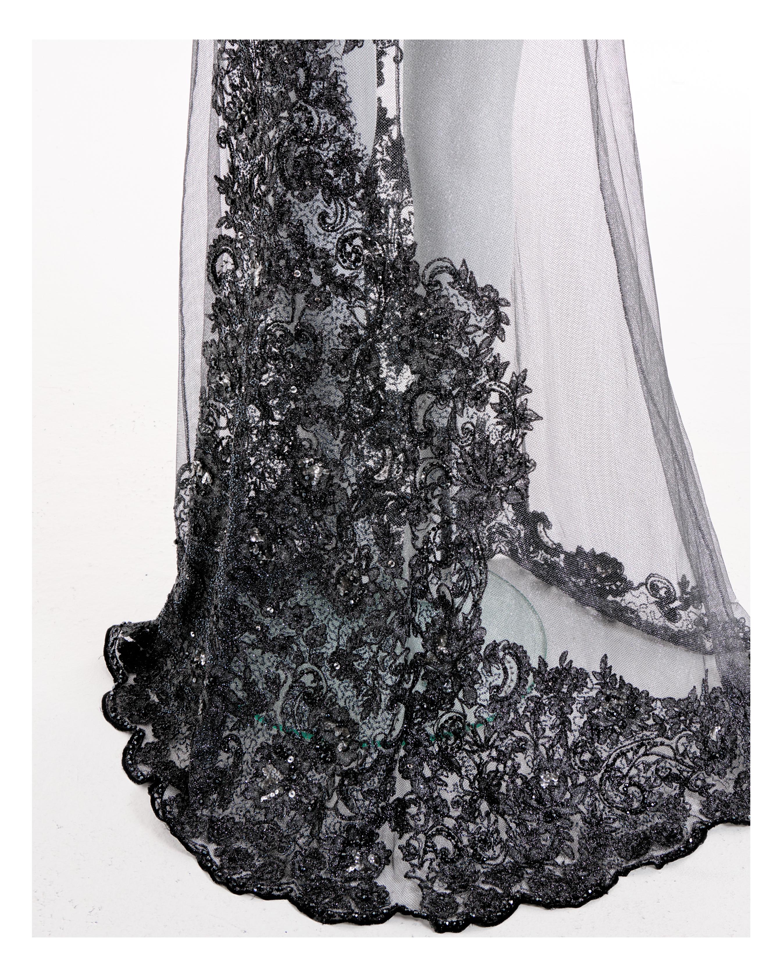 Rocco Barocco Couture F/W 1997 Semitransparent Floral Silver Silk Long Dress en vente 7