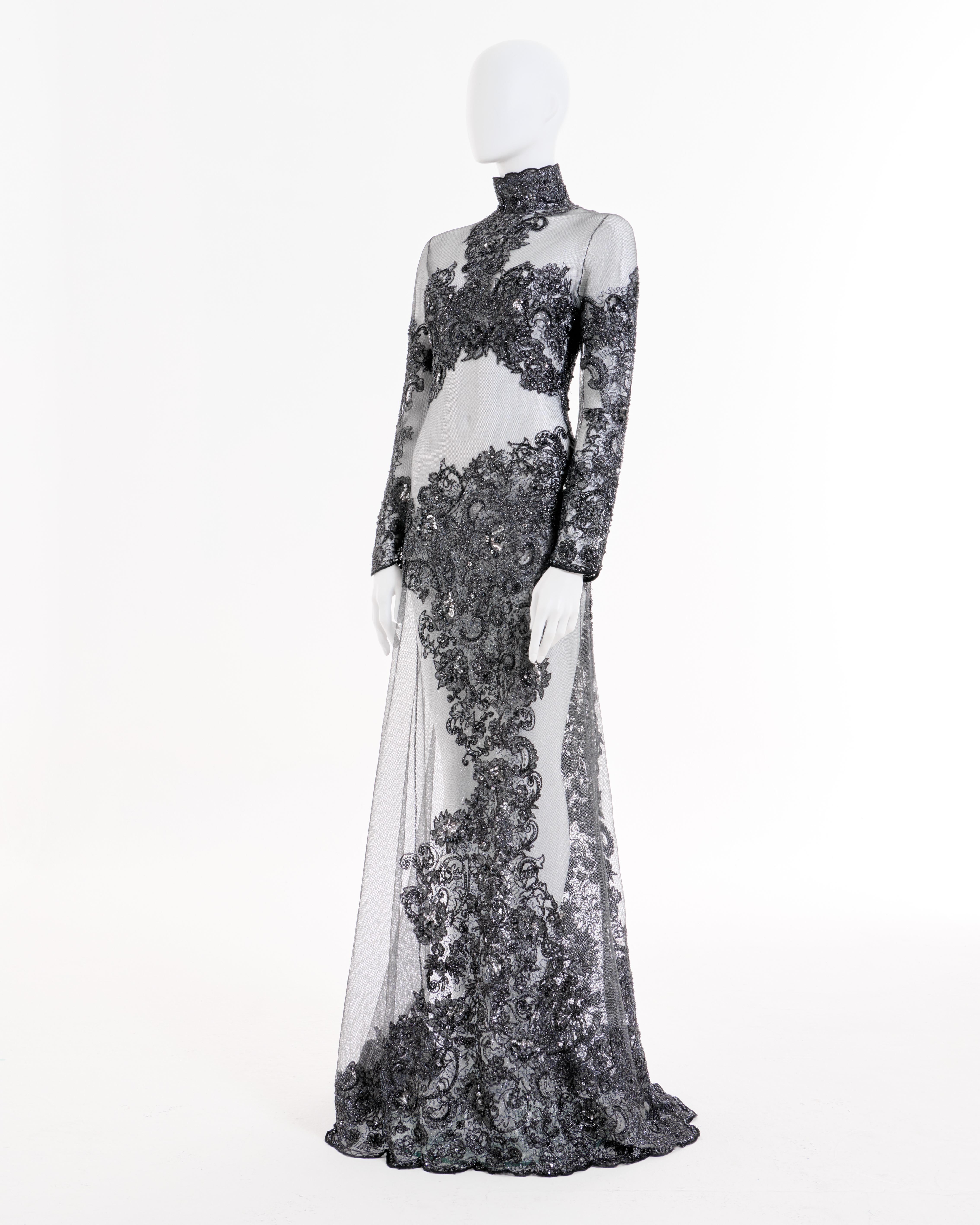 Gray Rocco Barocco Couture F/W 1997 Semitransparent Floral Silver Silk Long Dress en vente
