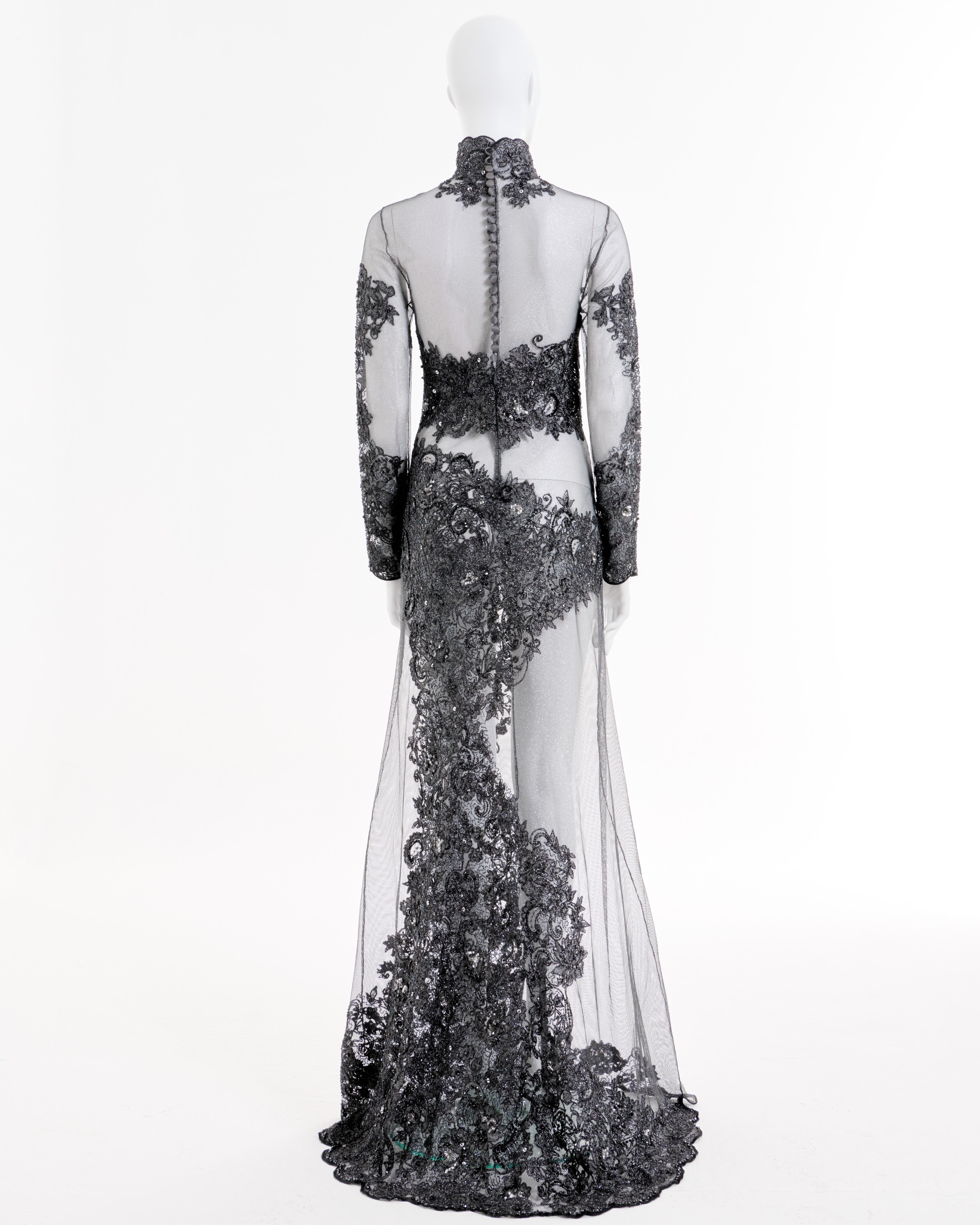 Rocco Barocco Couture F/W 1997 Semitransparent Floral Silver Silk Long Dress Excellent état - En vente à Milano, IT